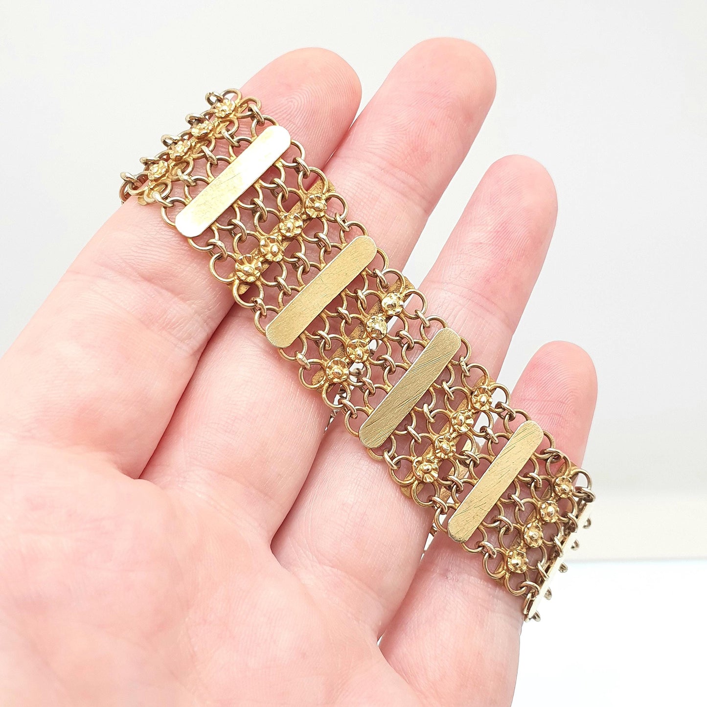 Antique Victorian Gold on Solid Silver Bracelet Gate Link Chainmail Indian Style 25.52g 19cm Flower Womens Jewelry Retro Jewellery