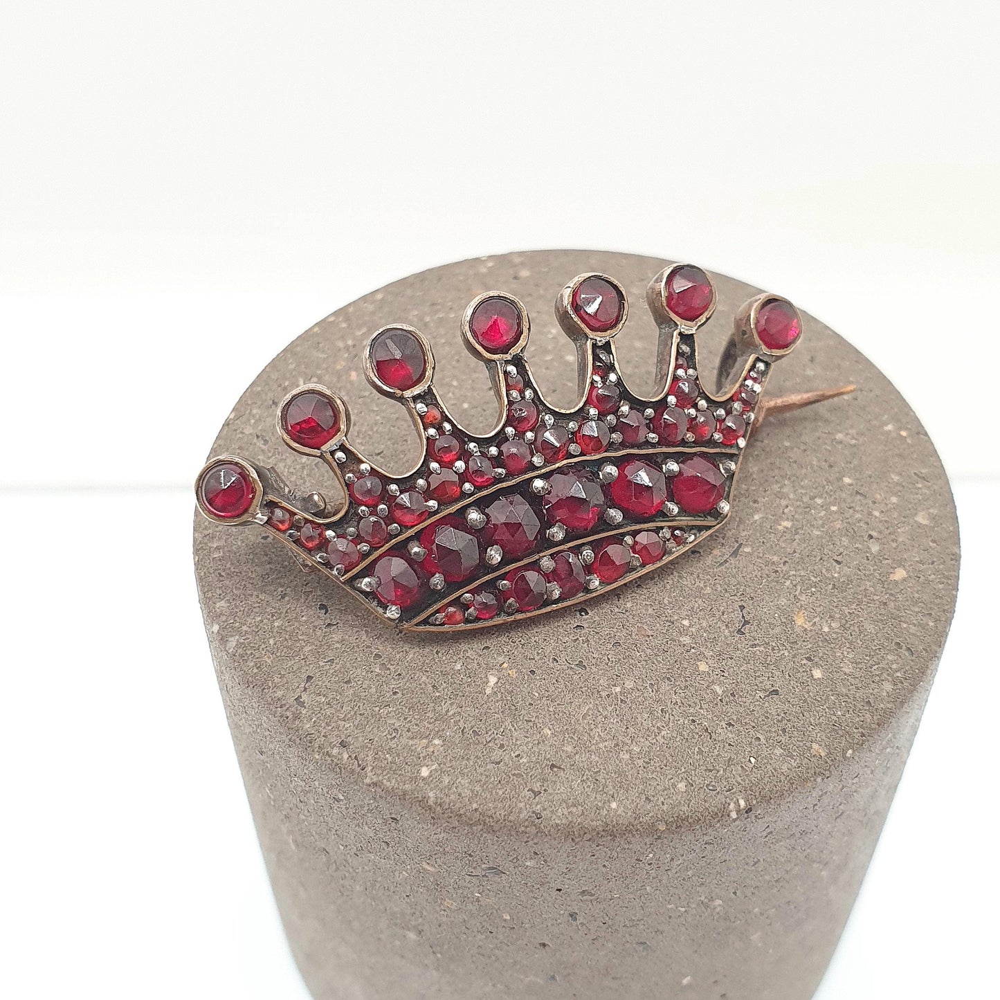 Antique Bohemian Garnet Crown Brooch Victorian Pin Rolled Gold Filled Renaissance Revival King Queen Vintage Womens Jewelry Jewellery