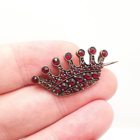 Antique Bohemian Garnet Crown Brooch Victorian Pin Rolled Gold Filled Renaissance Revival King Queen Vintage Womens Jewelry Jewellery