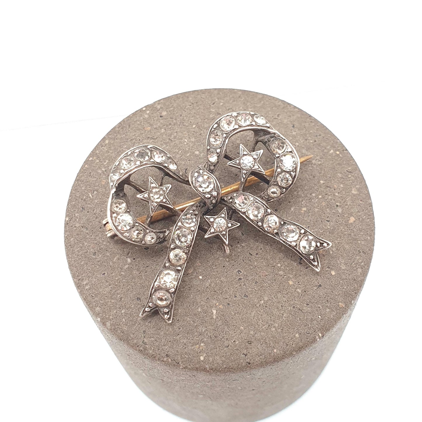 Antique Victorian Paste Sterling Silver Star & Bow Brooch PARISIAN DIAMOND COMPANY Ribbon Diamond Pastes Celestial Jewelry Jewellery Vintage