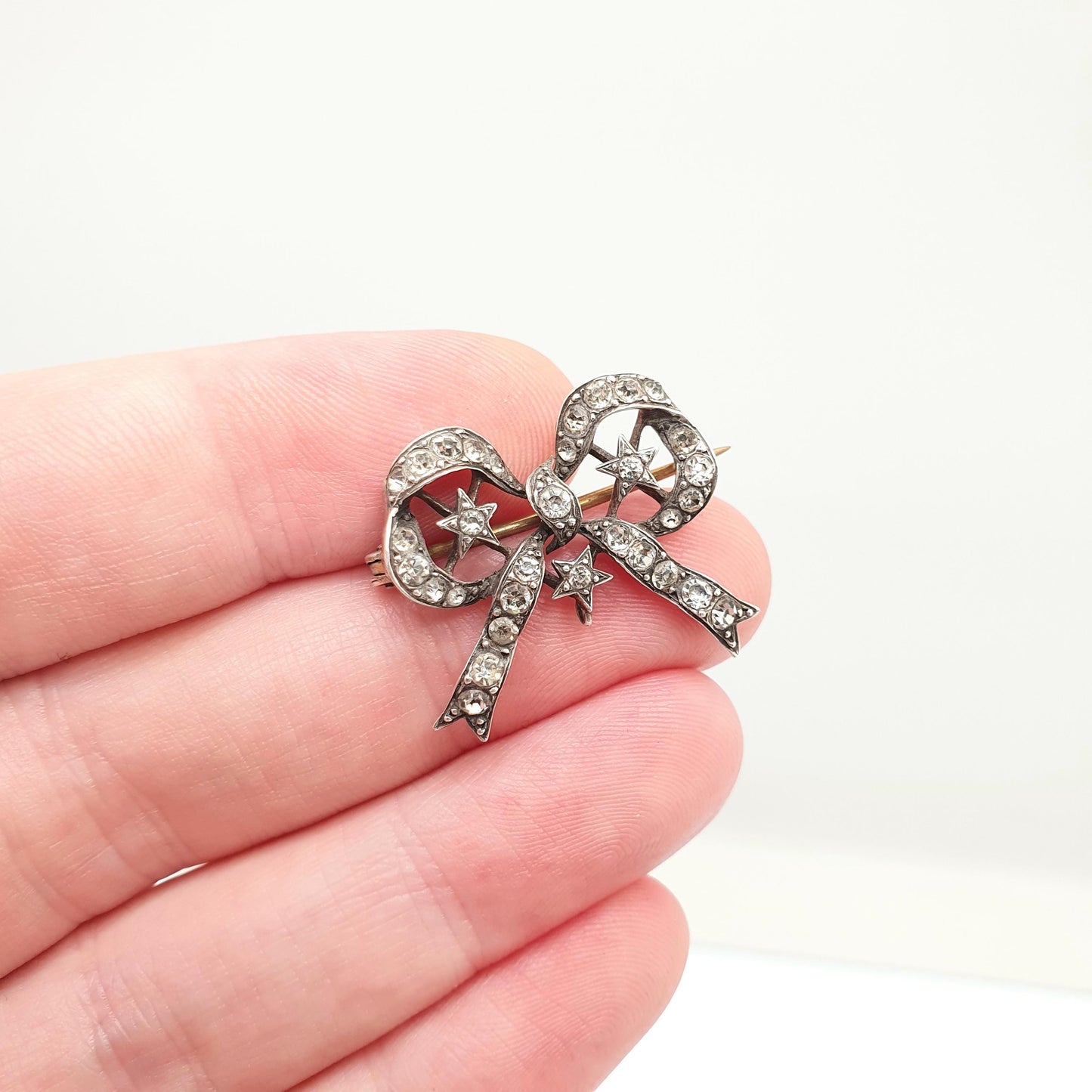 Antique Victorian Paste Sterling Silver Star & Bow Brooch PARISIAN DIAMOND COMPANY Ribbon Diamond Pastes Celestial Jewelry Jewellery Vintage