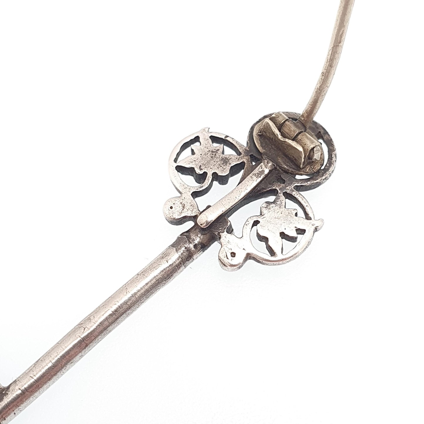 Antique Victorian Solid Silver Key Brooch Clubs Suit Symbol Natural Seed Pearl Sweetheart Lock 1800s Vintage Jewellery Jewelry