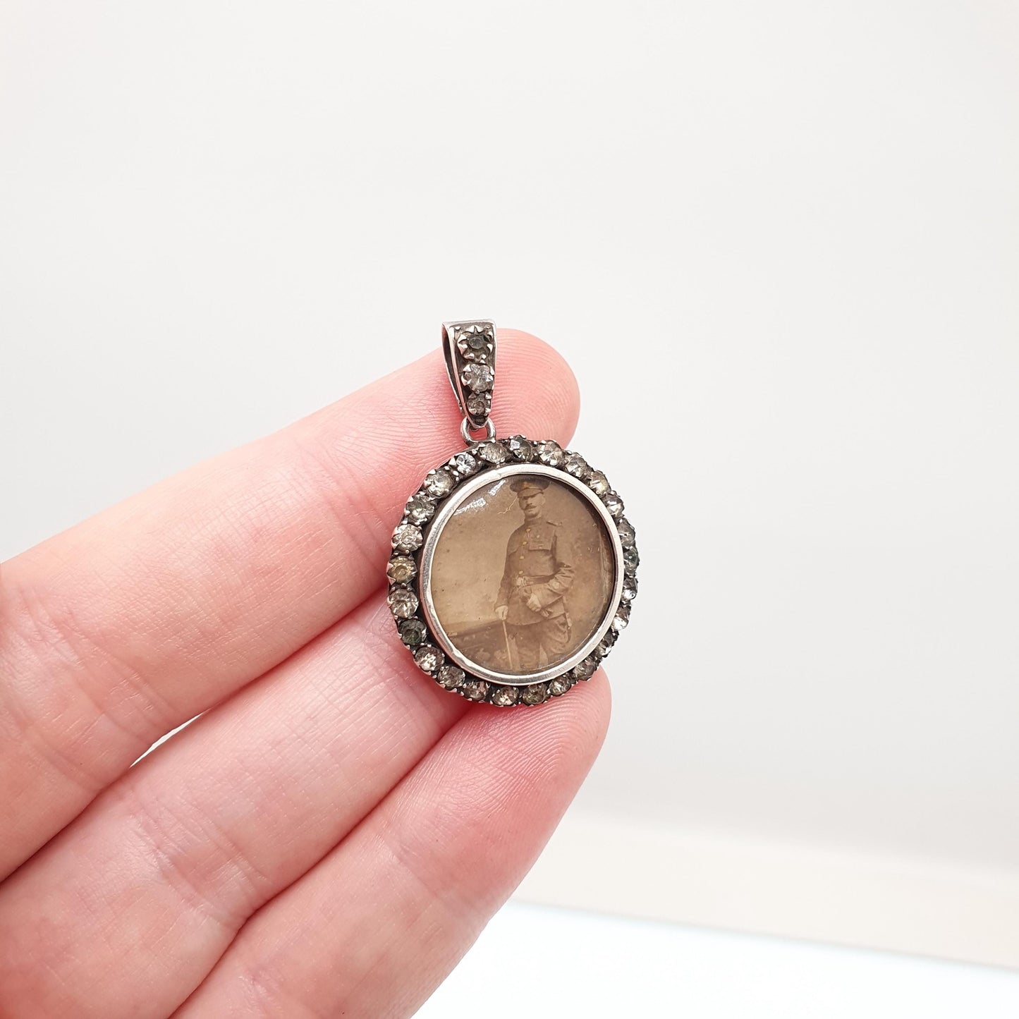 Antique Solid Silver Diamond Paste Locket Pendant Round Small Necklace Picture Photo Double Sided Soldier Jewelry