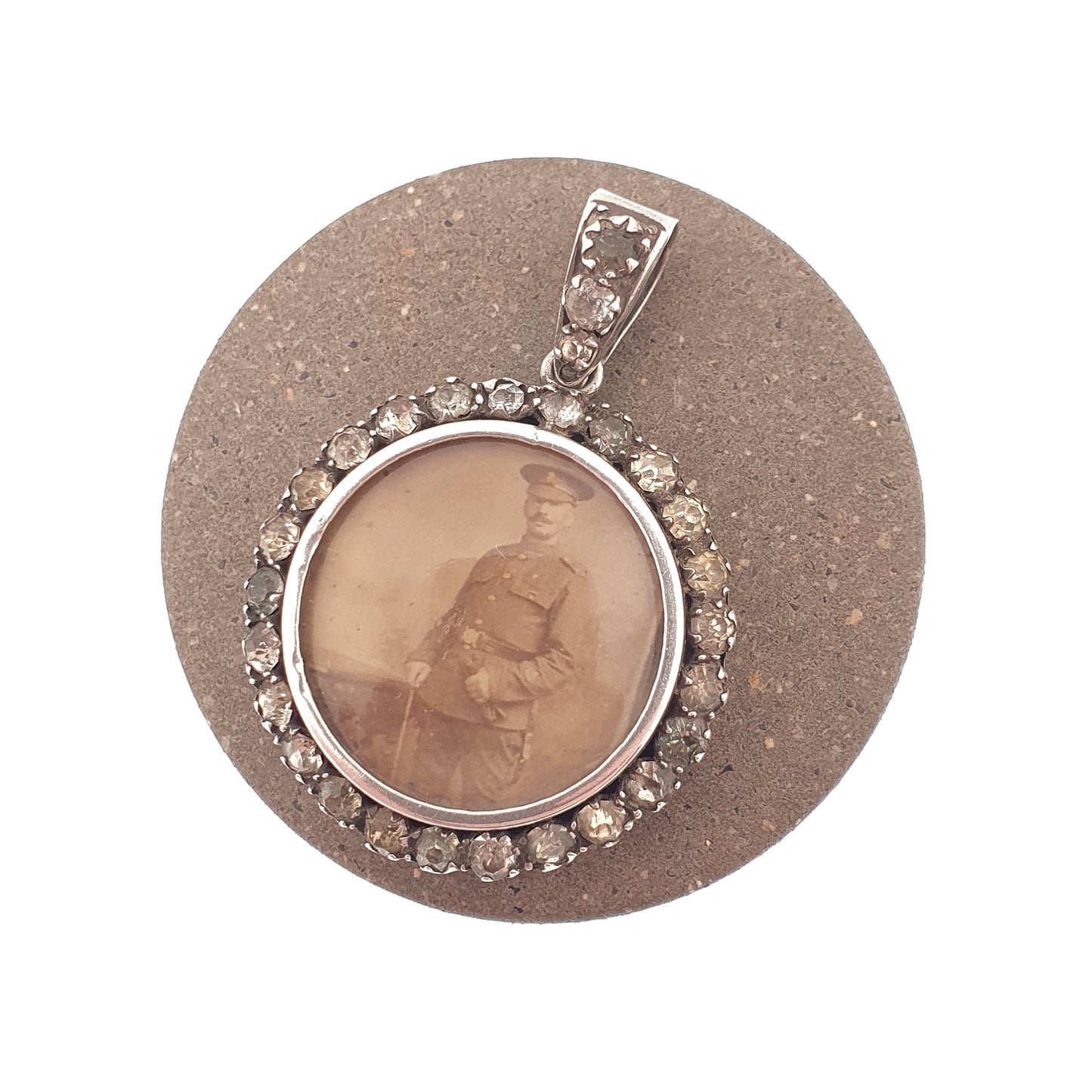 Antique Solid Silver Diamond Paste Locket Pendant Round Small Necklace Picture Photo Double Sided Soldier Jewelry