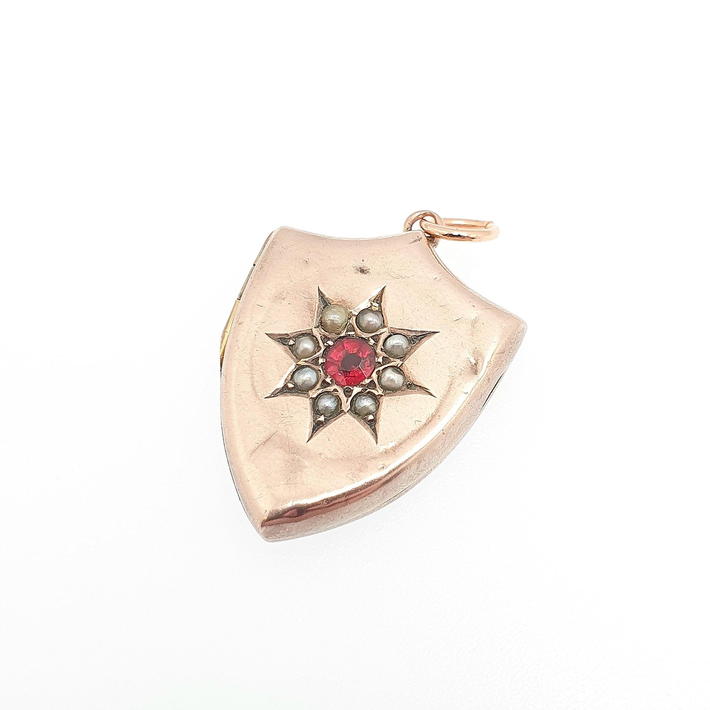 Antique Victorian 9ct Rose Gold Seed Pearl & Garnet Shield Locket Necklace Pendant Solid 375 9k Gold Front Back Vintage Jewellery Jewelry