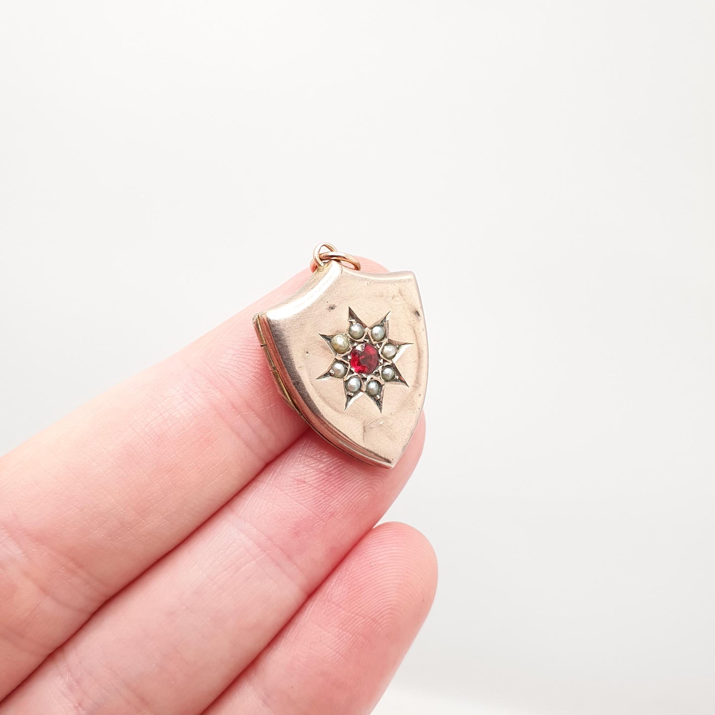Antique Victorian 9ct Rose Gold Seed Pearl & Garnet Shield Locket Necklace Pendant Solid 375 9k Gold Front Back Vintage Jewellery Jewelry