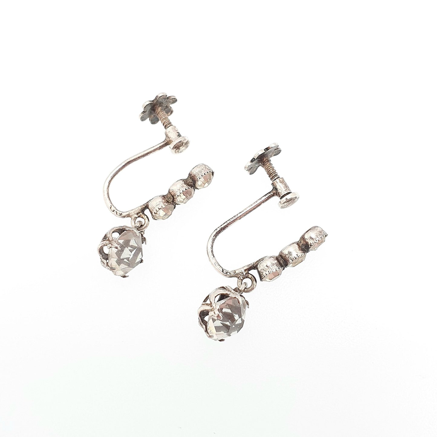 Antique Solid Silver Diamond Paste Earrings Art Deco Hanging Drop Round Cut Screw Back Sparkly White Vintage Jewelry Jewellery