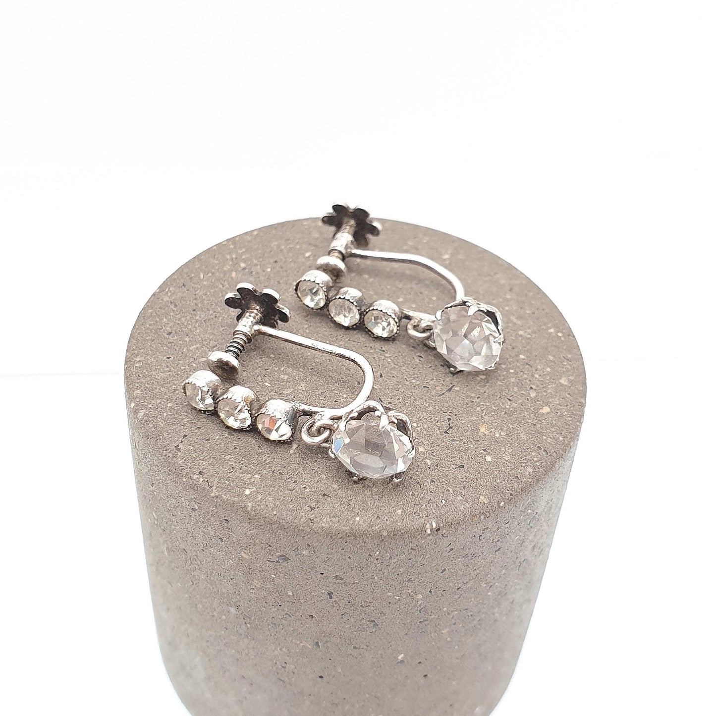 Antique Solid Silver Diamond Paste Earrings Art Deco Hanging Drop Round Cut Screw Back Sparkly White Vintage Jewelry Jewellery