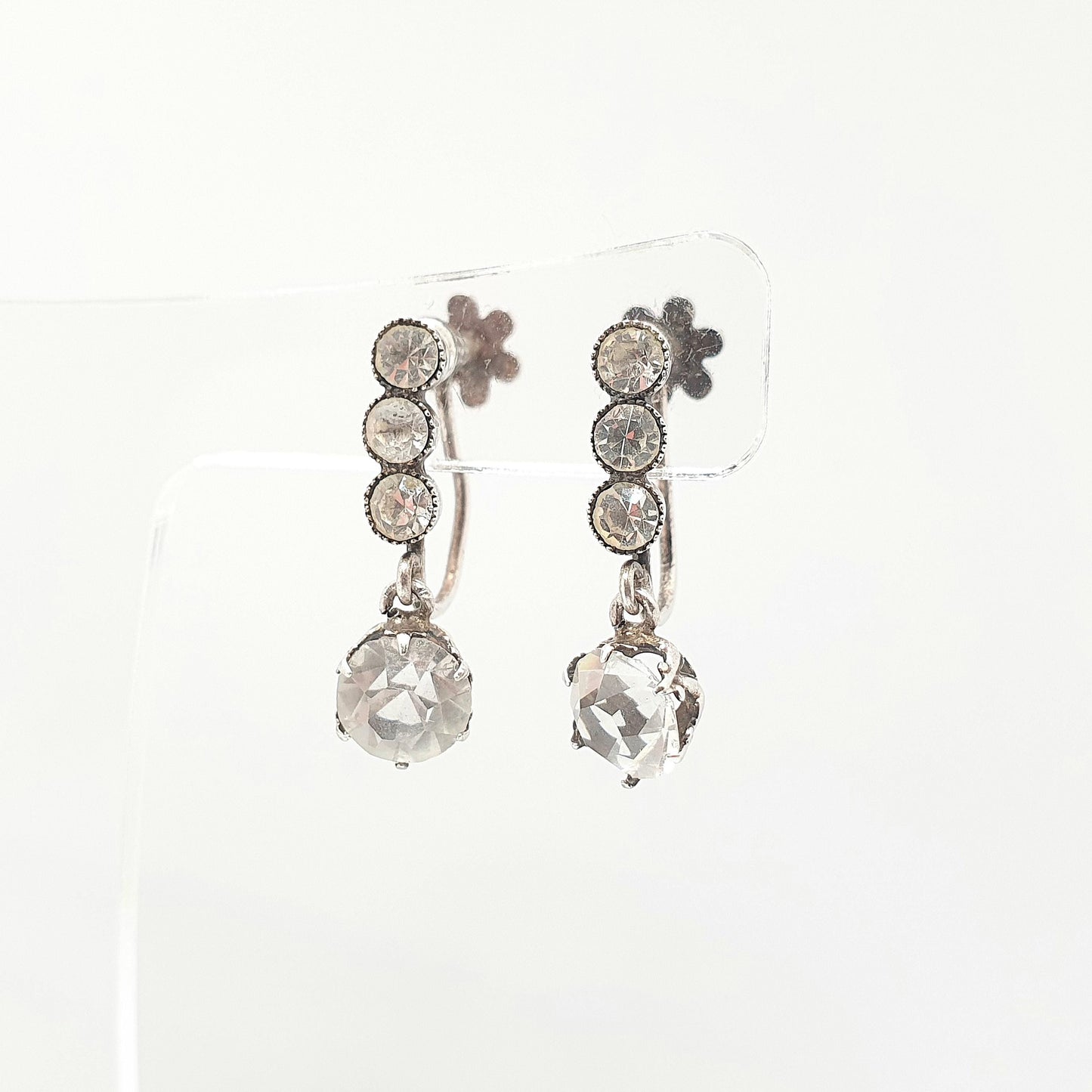 Antique Solid Silver Diamond Paste Earrings Art Deco Hanging Drop Round Cut Screw Back Sparkly White Vintage Jewelry Jewellery