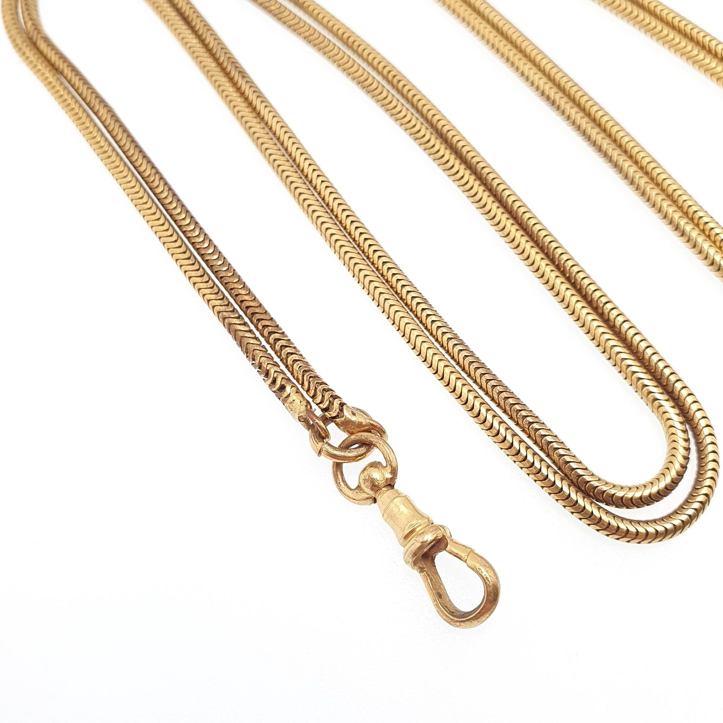 Antique Victorian Muff Chain Necklace Snake Link Rolled Gold Filled Dog Clip Very Long 140cm 28.67g Yellow Guard Vintage Womens Jewelry