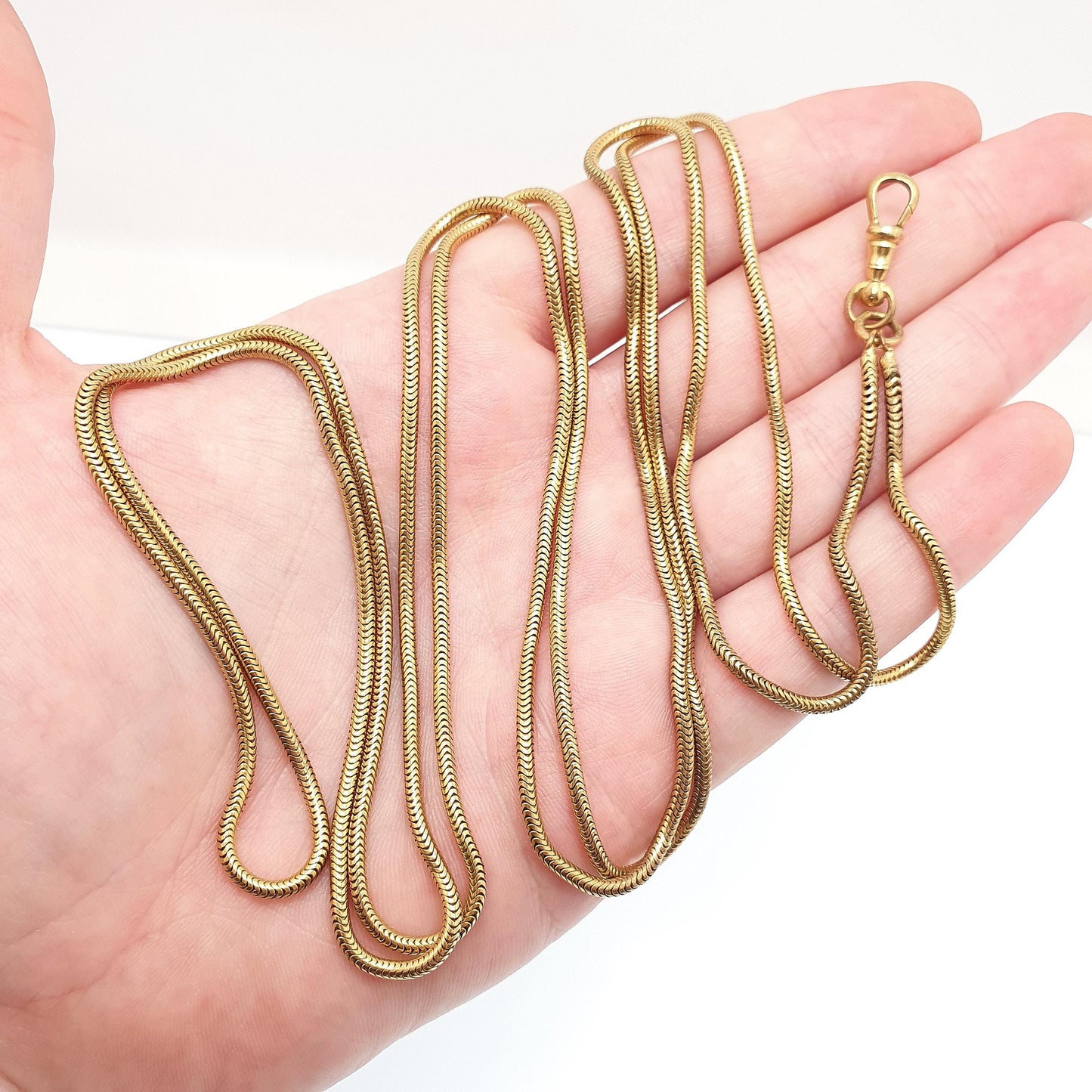 Antique Victorian Muff Chain Necklace Snake Link Rolled Gold Filled Dog Clip Very Long 140cm 28.67g Yellow Guard Vintage Womens Jewelry