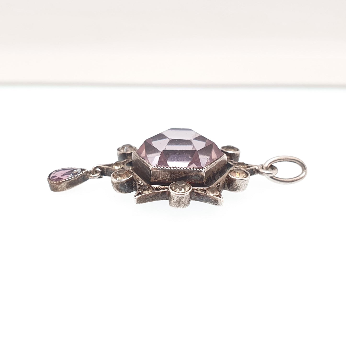 Antique Solid Silver Amethyst & Diamond Paste Pendant Necklace Star Cluster Celestial Hexagon Cut Rare Vintage Womens Jewellery Jewelry