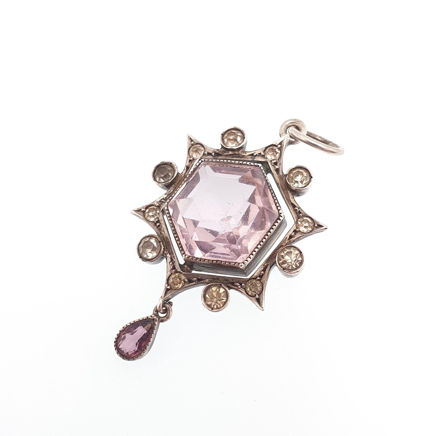 Antique Solid Silver Amethyst & Diamond Paste Pendant Necklace Star Cluster Celestial Hexagon Cut Rare Vintage Womens Jewellery Jewelry