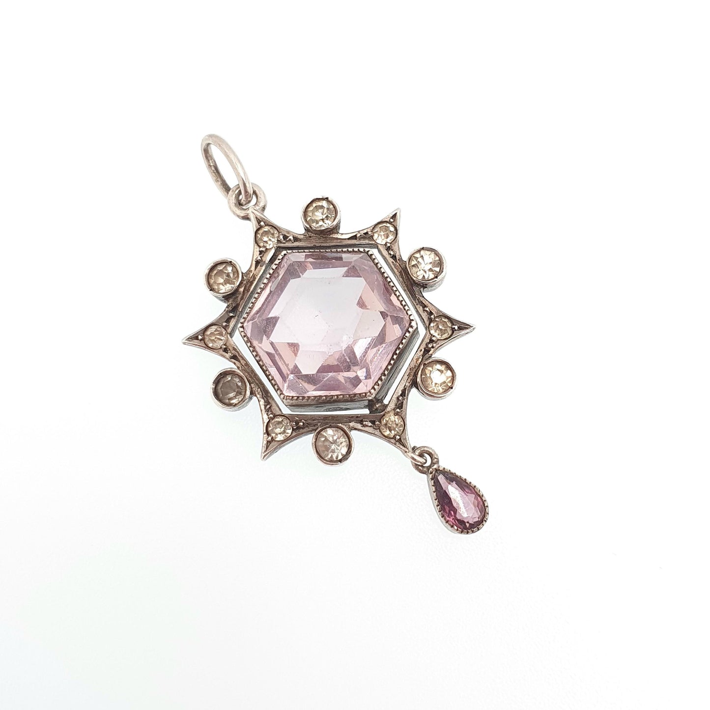 Antique Solid Silver Amethyst & Diamond Paste Pendant Necklace Star Cluster Celestial Hexagon Cut Rare Vintage Womens Jewellery Jewelry