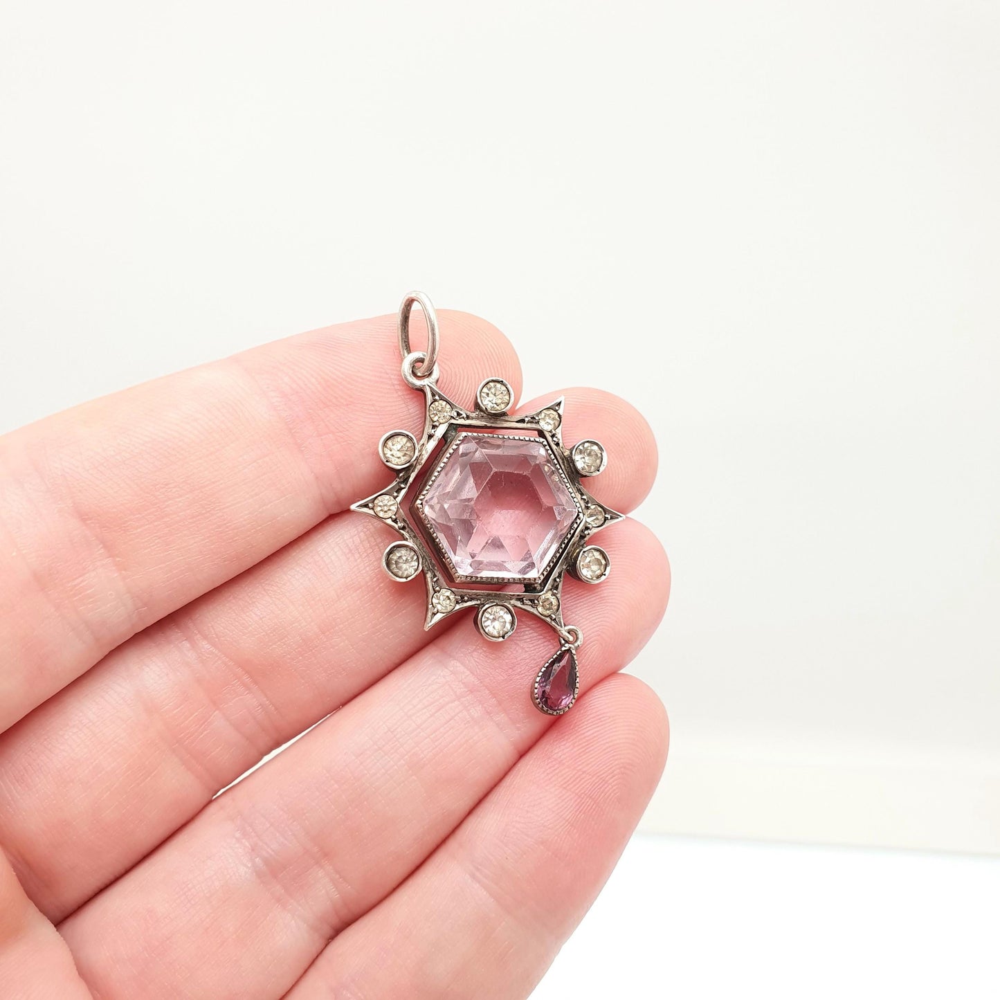 Antique Solid Silver Amethyst & Diamond Paste Pendant Necklace Star Cluster Celestial Hexagon Cut Rare Vintage Womens Jewellery Jewelry