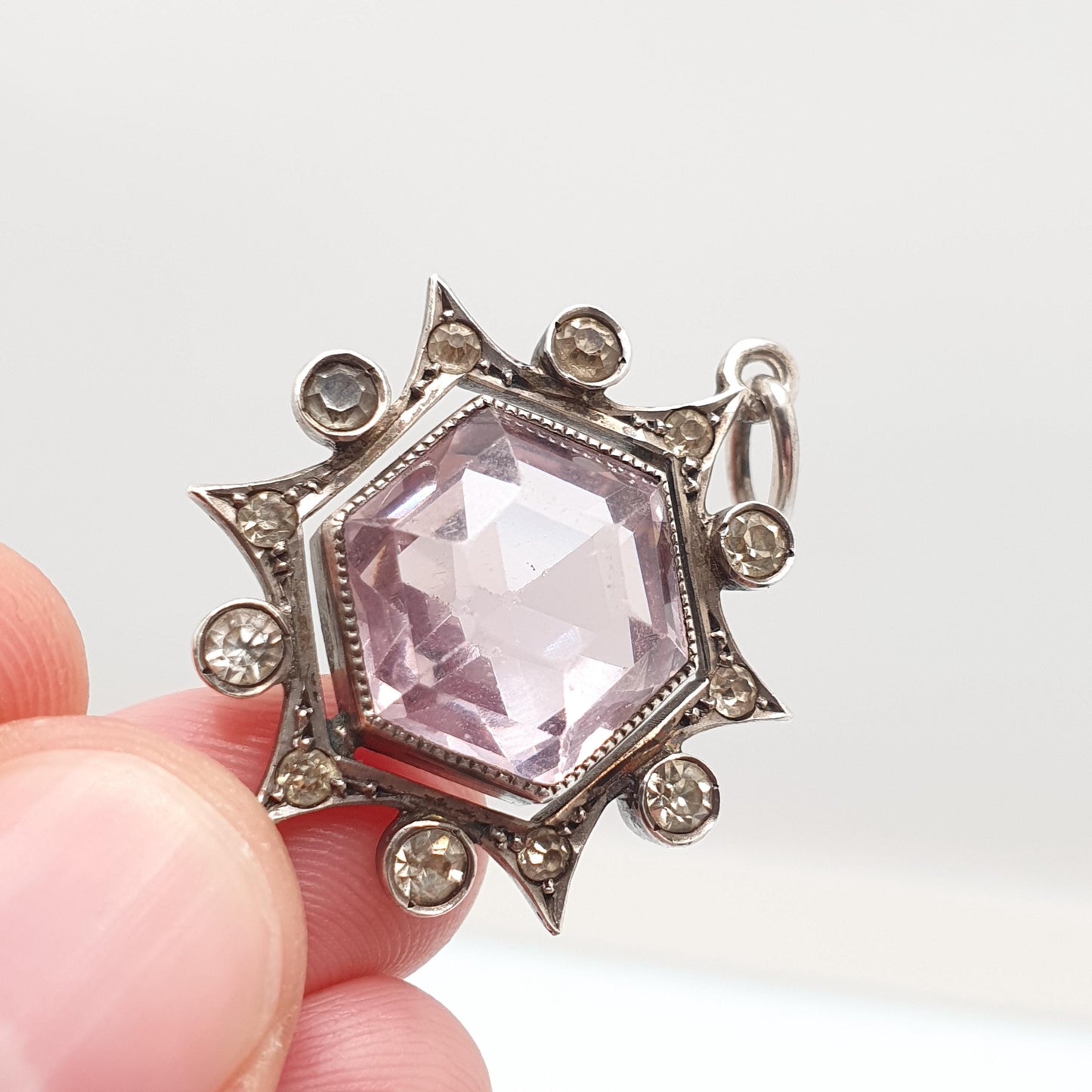 Antique Solid Silver Amethyst & Diamond Paste Pendant Necklace Star Cluster Celestial Hexagon Cut Rare Vintage Womens Jewellery Jewelry