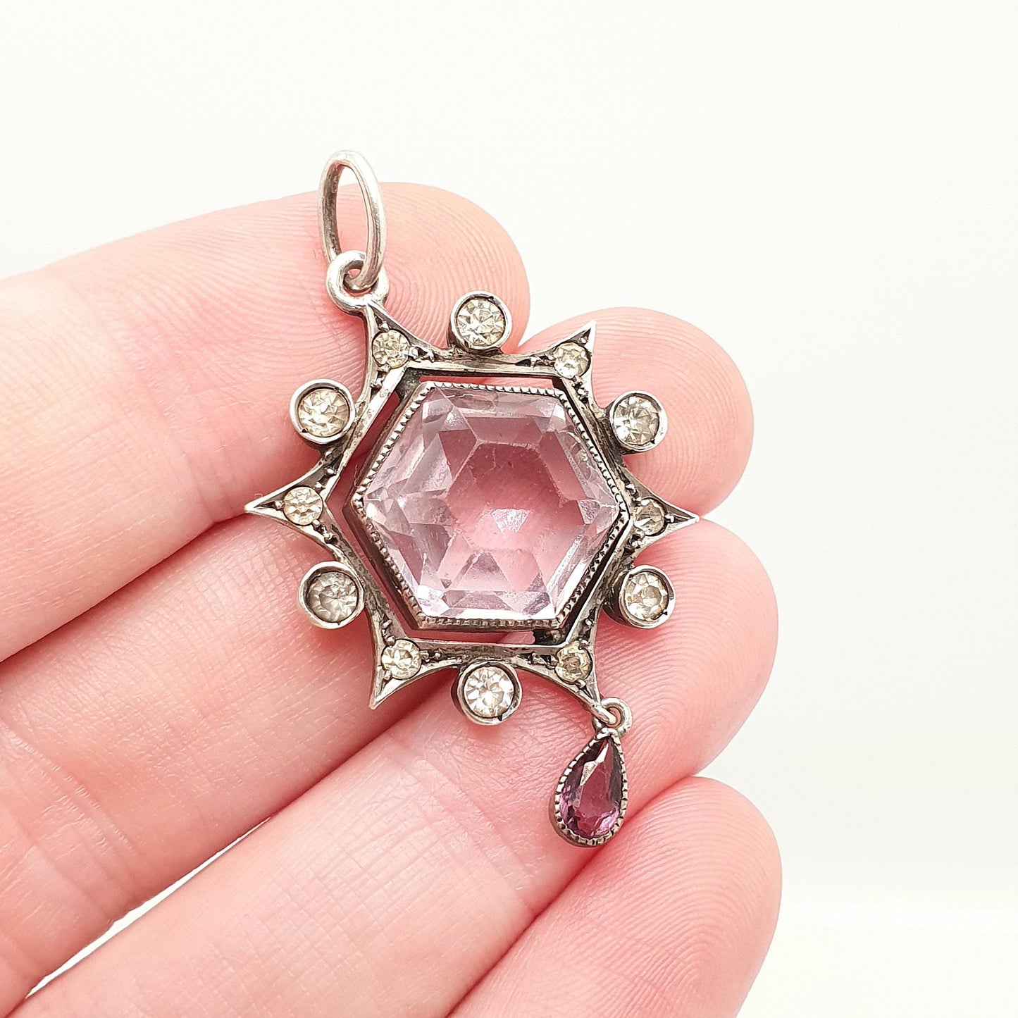 Antique Solid Silver Amethyst & Diamond Paste Pendant Necklace Star Cluster Celestial Hexagon Cut Rare Vintage Womens Jewellery Jewelry