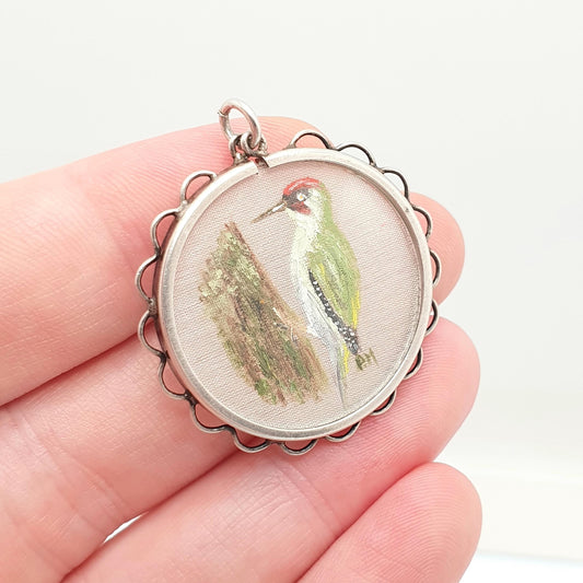 Antique Solid Silver Hand Painted Woodpecker Pendant Necklace Locket Green Bird Picture Painting Vintage Jewelry Jewellery