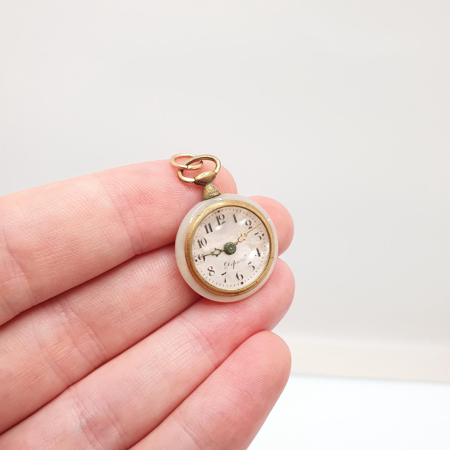 Antique French Pocket Watch Charm Necklace Pendant Mother of Pearl Depose Vintage Gold Tone Womens Jewellery Jewelry