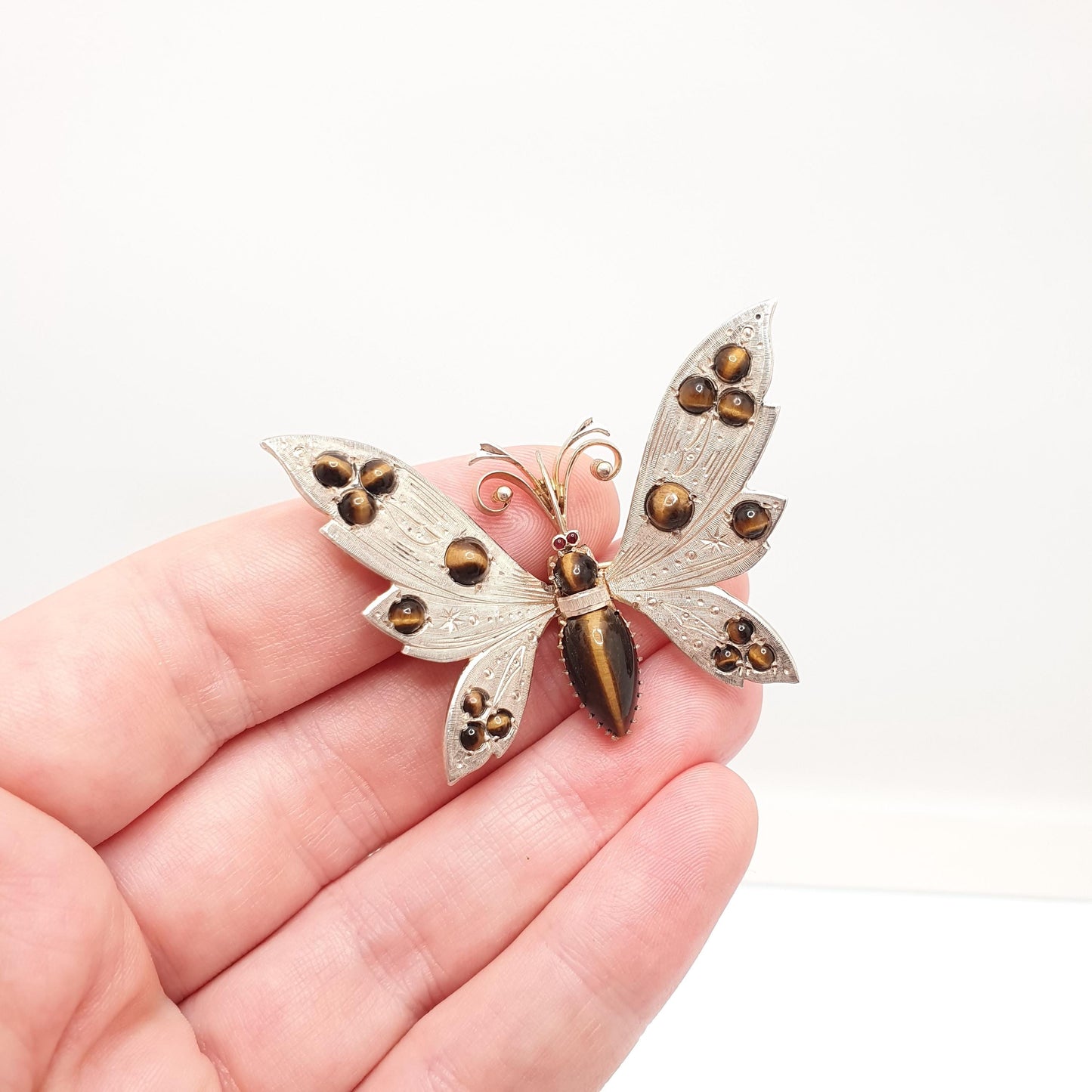 Antique Solid Silver Butterfly Brooch Pin Tiger Eye Gemstone Pincer Spring Mechanism Large Bug Insect Jewelry Jewellery