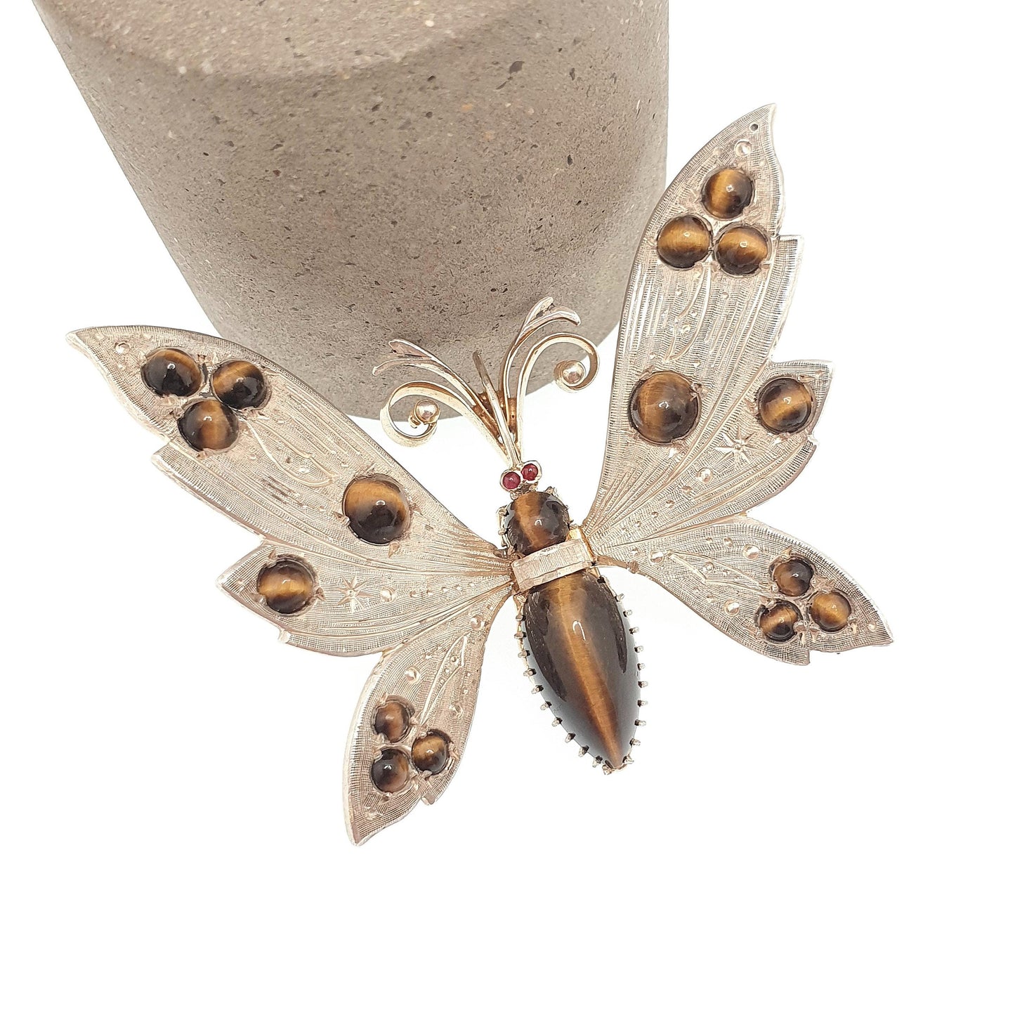 Antique Solid Silver Butterfly Brooch Pin Tiger Eye Gemstone Pincer Spring Mechanism Large Bug Insect Jewelry Jewellery