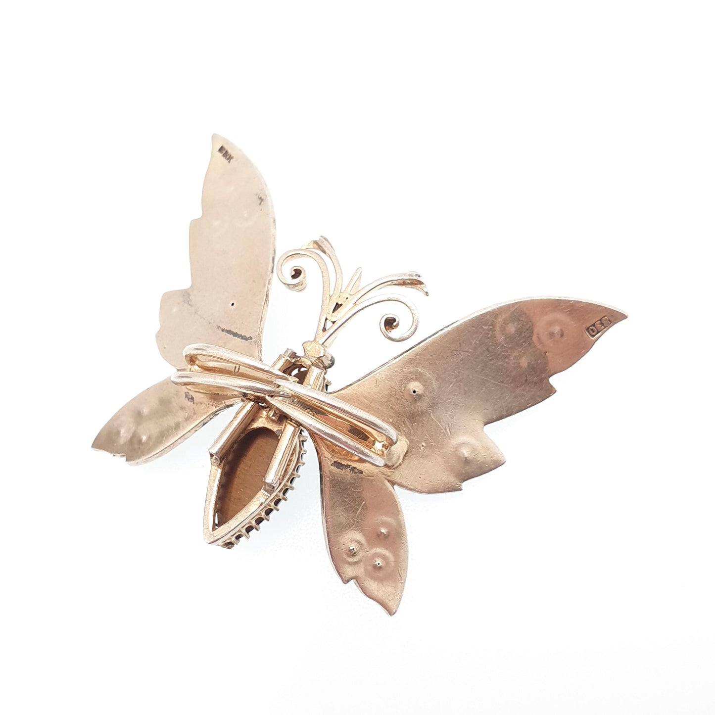 Antique Solid Silver Butterfly Brooch Pin Tiger Eye Gemstone Pincer Spring Mechanism Large Bug Insect Jewelry Jewellery