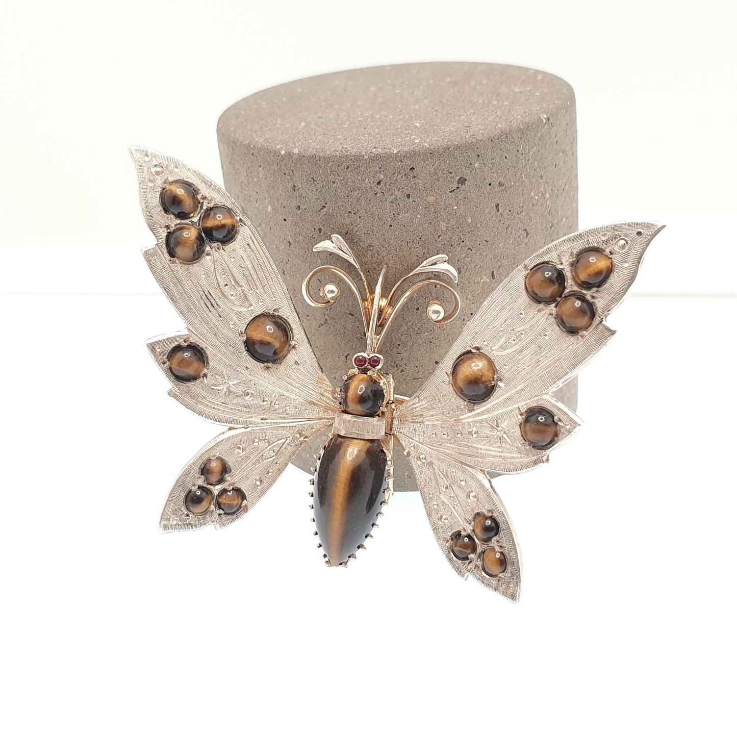 Antique Solid Silver Butterfly Brooch Pin Tiger Eye Gemstone Pincer Spring Mechanism Large Bug Insect Jewelry Jewellery