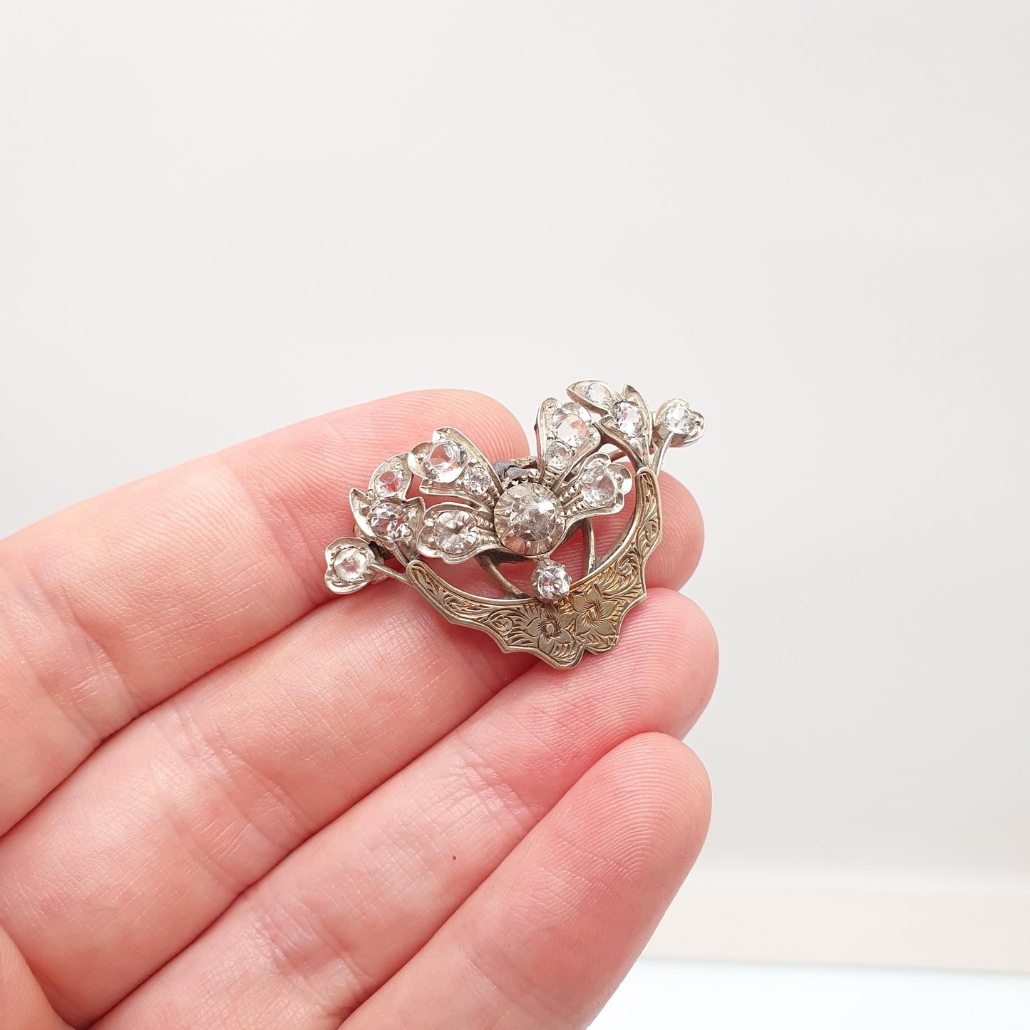 Antique Victorian Solid Silver Diamond Paste Brooch Pin Scroll Art Nouveau Ornate Sparkly Vintage Jewelry Jewellery