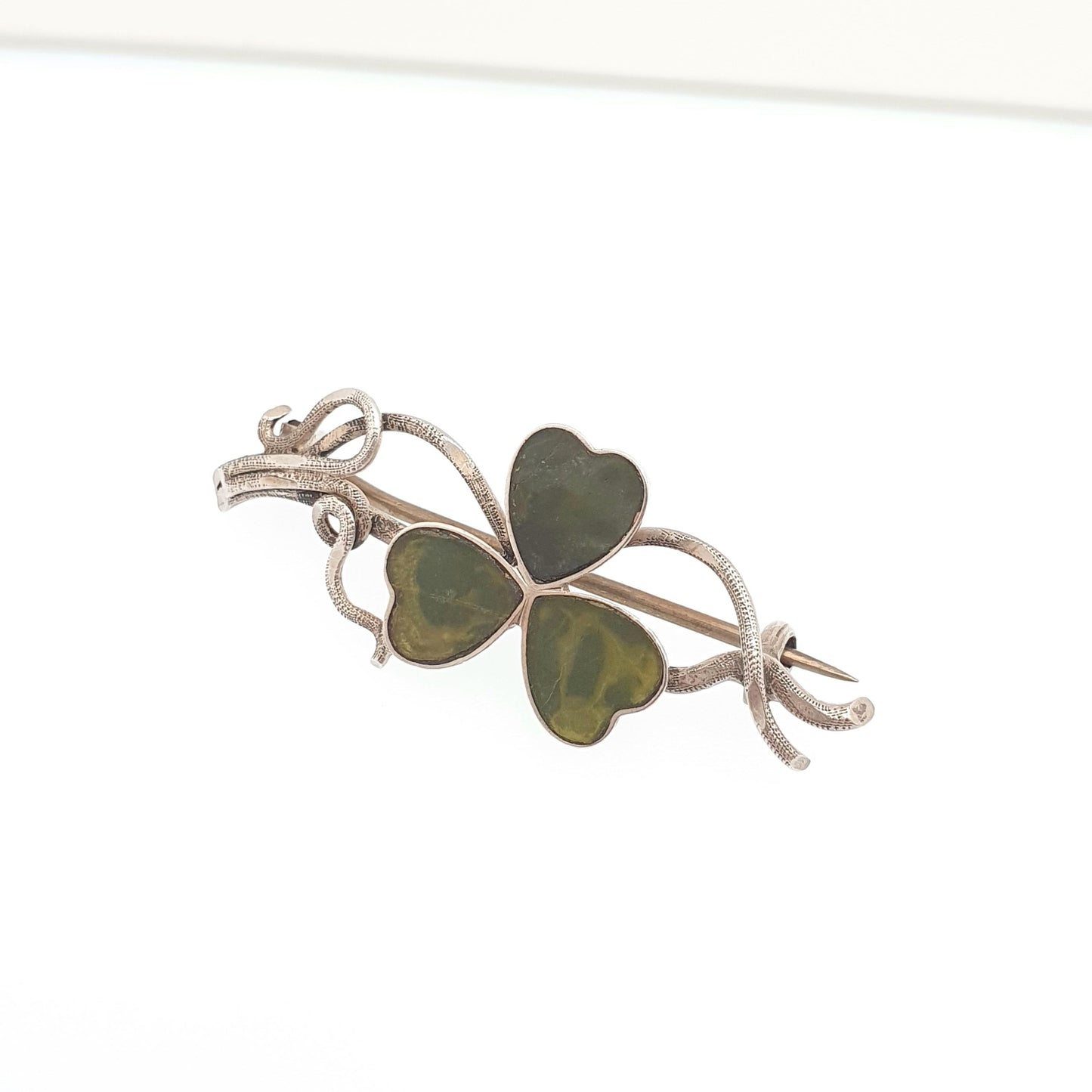 Antique Sterling Silver Clover Brooch Pin Lucky Irish Three Leaf Green Shamrock Celtic Vintage Jewelry Jewellery