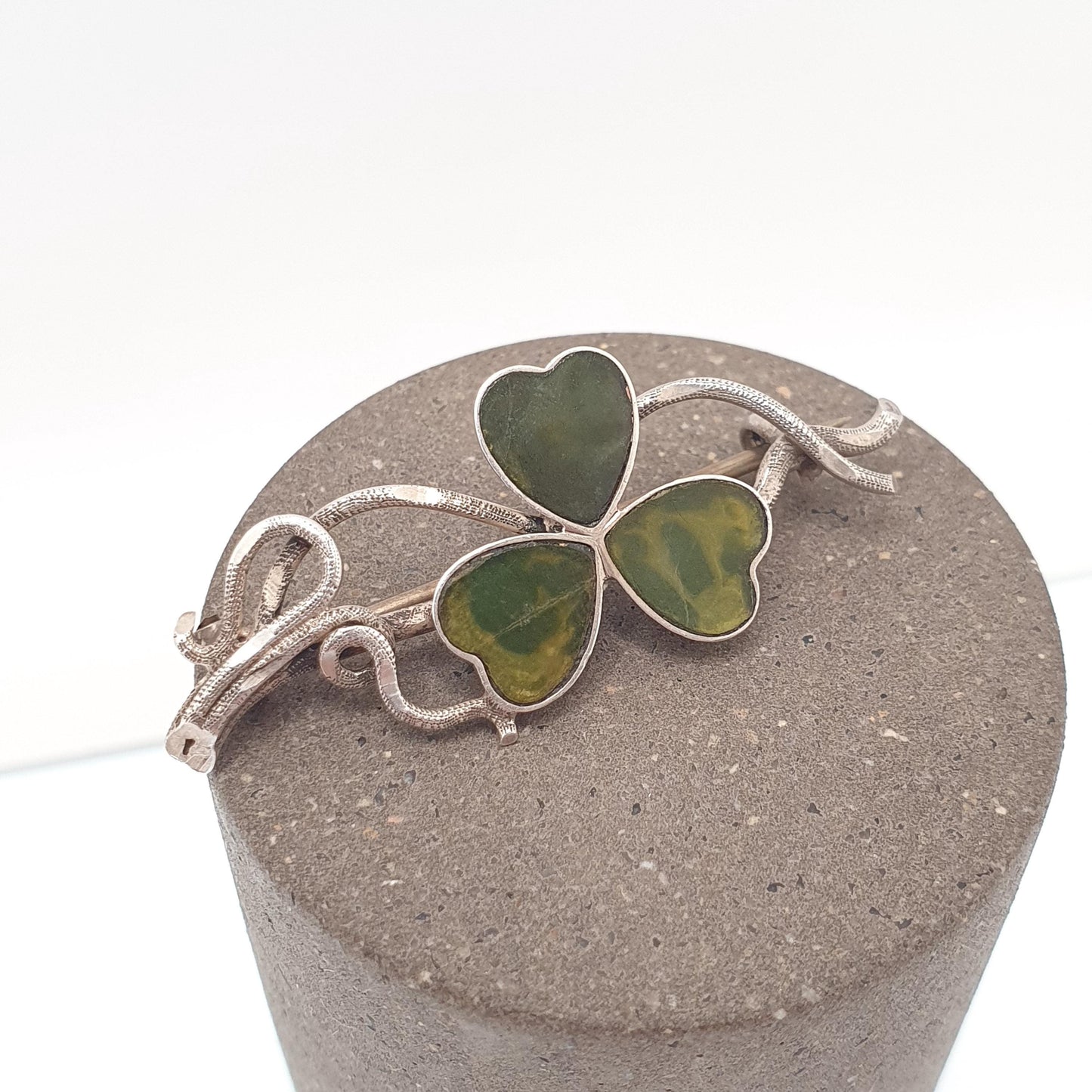 Antique Sterling Silver Clover Brooch Pin Lucky Irish Three Leaf Green Shamrock Celtic Vintage Jewelry Jewellery