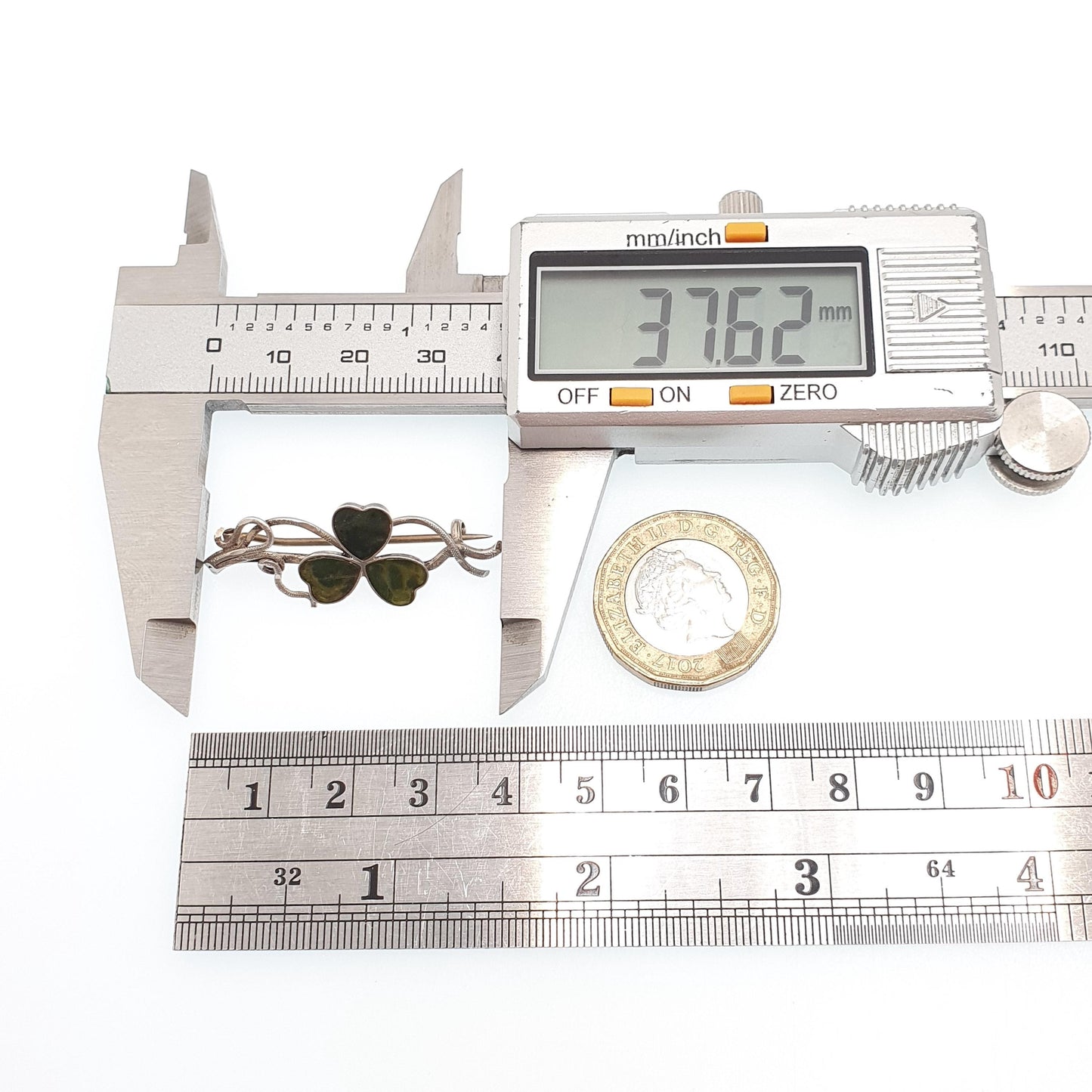 Antique Sterling Silver Clover Brooch Pin Lucky Irish Three Leaf Green Shamrock Celtic Vintage Jewelry Jewellery