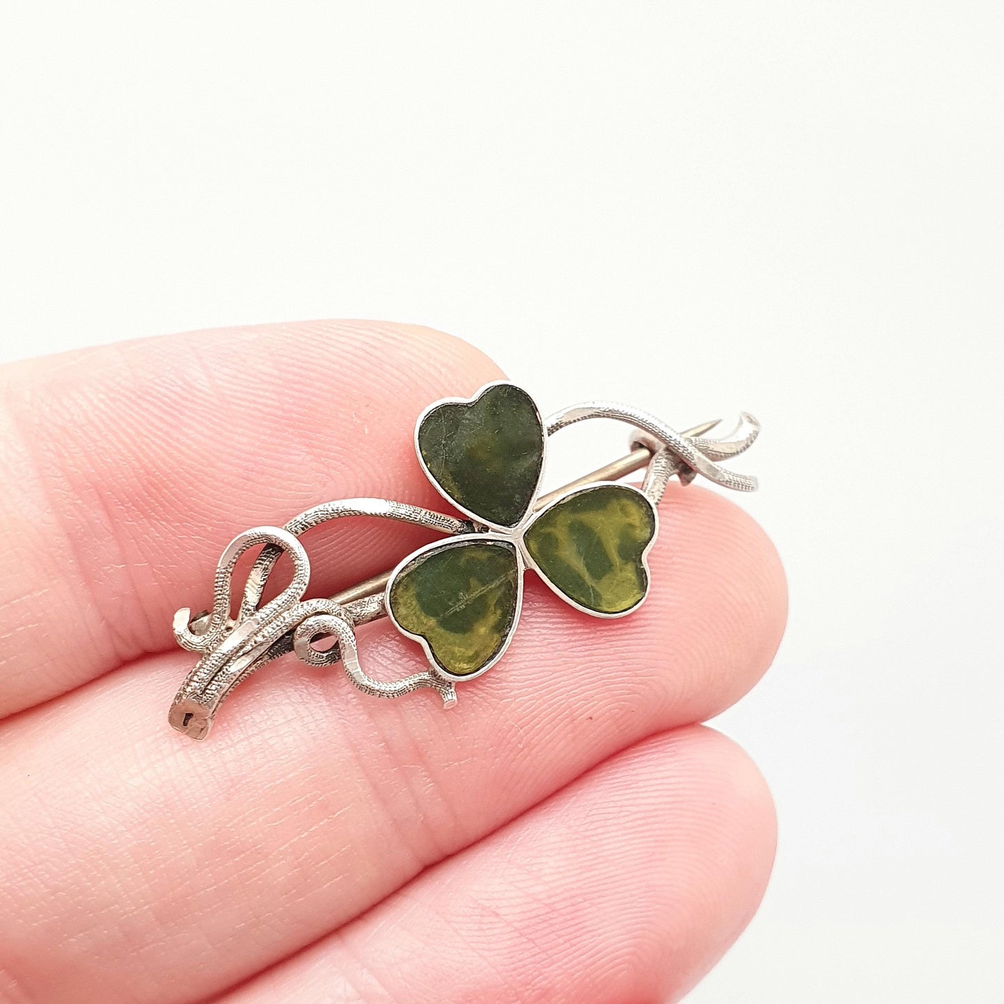Antique Sterling Silver Clover Brooch Pin Lucky Irish Three Leaf Green Shamrock Celtic Vintage Jewelry Jewellery