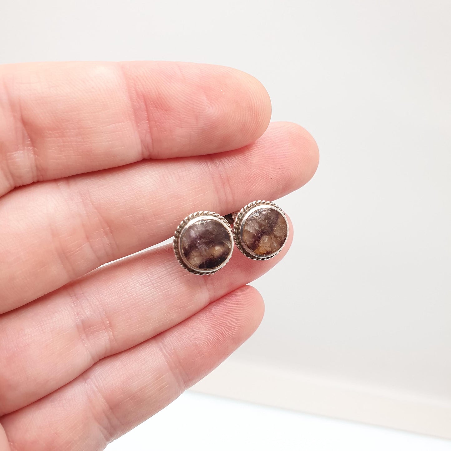 Antique Blue John Sterling Silver Earrings Rare Art Deco Cabochon Screw Back 1920s Bleu Jaune Womens Vintage 925 Gemstone Jewelry Jewellery