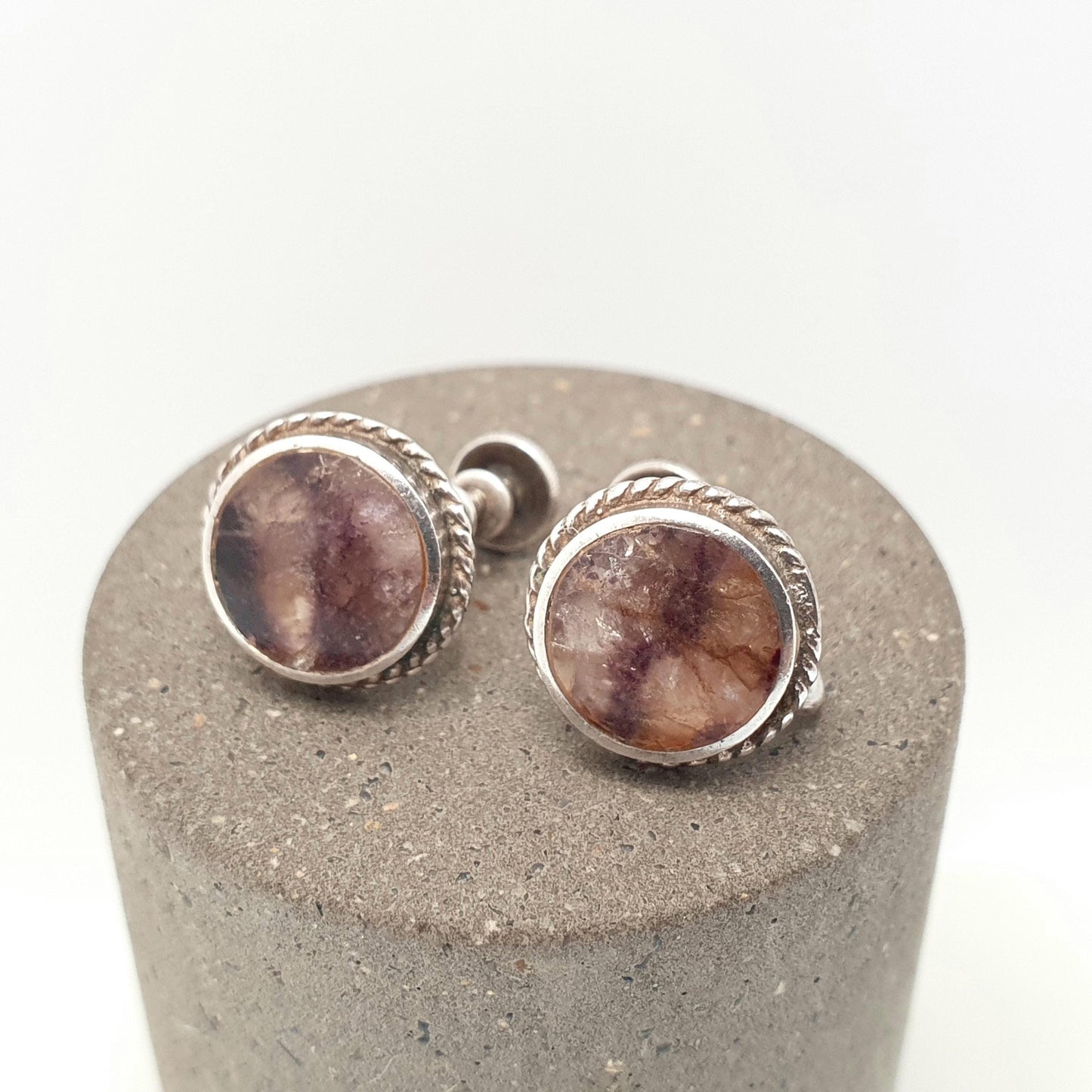 Antique Blue John Sterling Silver Earrings Rare Art Deco Cabochon Screw Back 1920s Bleu Jaune Womens Vintage 925 Gemstone Jewelry Jewellery