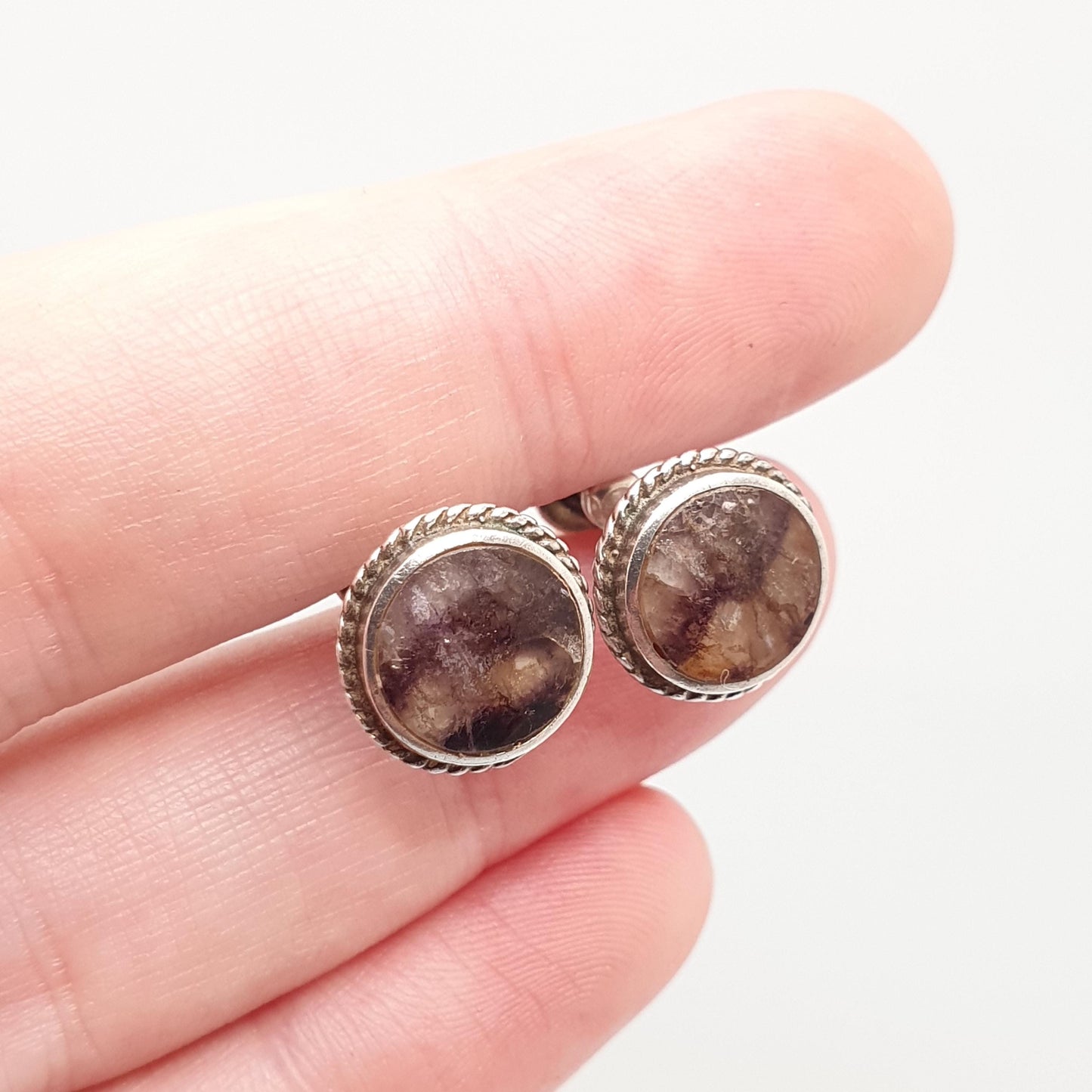 Antique Blue John Sterling Silver Earrings Rare Art Deco Cabochon Screw Back 1920s Bleu Jaune Womens Vintage 925 Gemstone Jewelry Jewellery