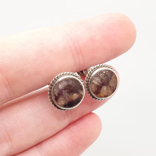 Antique Blue John Sterling Silver Earrings Rare Art Deco Cabochon Screw Back 1920s Bleu Jaune Womens Vintage 925 Gemstone Jewelry Jewellery