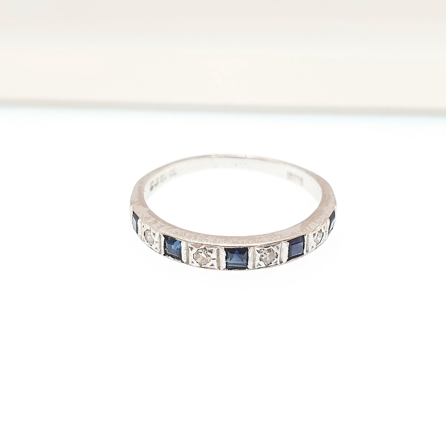 Vintage Sapphire & Diamond Ring 18ct Solid White Gold 18k 750 Half Eternity Square Cut Fine Estate Womens Vintage Jewelry Jewellery