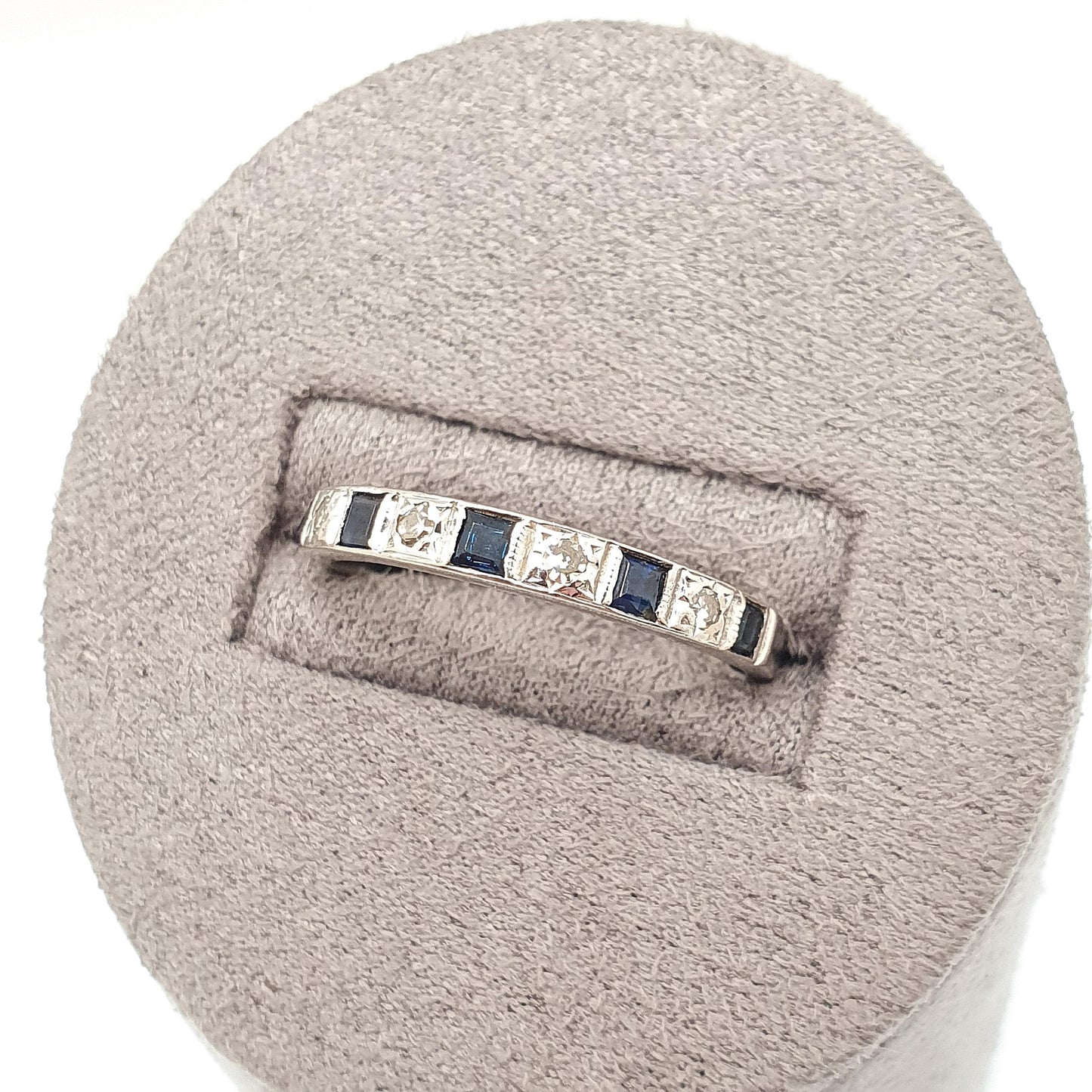 Vintage Sapphire & Diamond Ring 18ct Solid White Gold 18k 750 Half Eternity Square Cut Fine Estate Womens Vintage Jewelry Jewellery