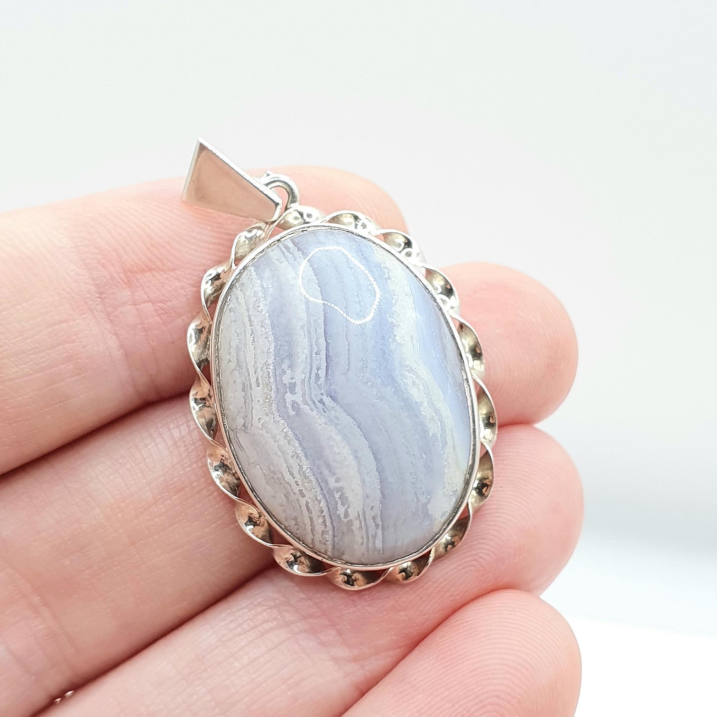 Vintage Solid Silver Montrose Lace Agate Necklace Pendant Chunky Retro Blue Handmade Womens Jewelry