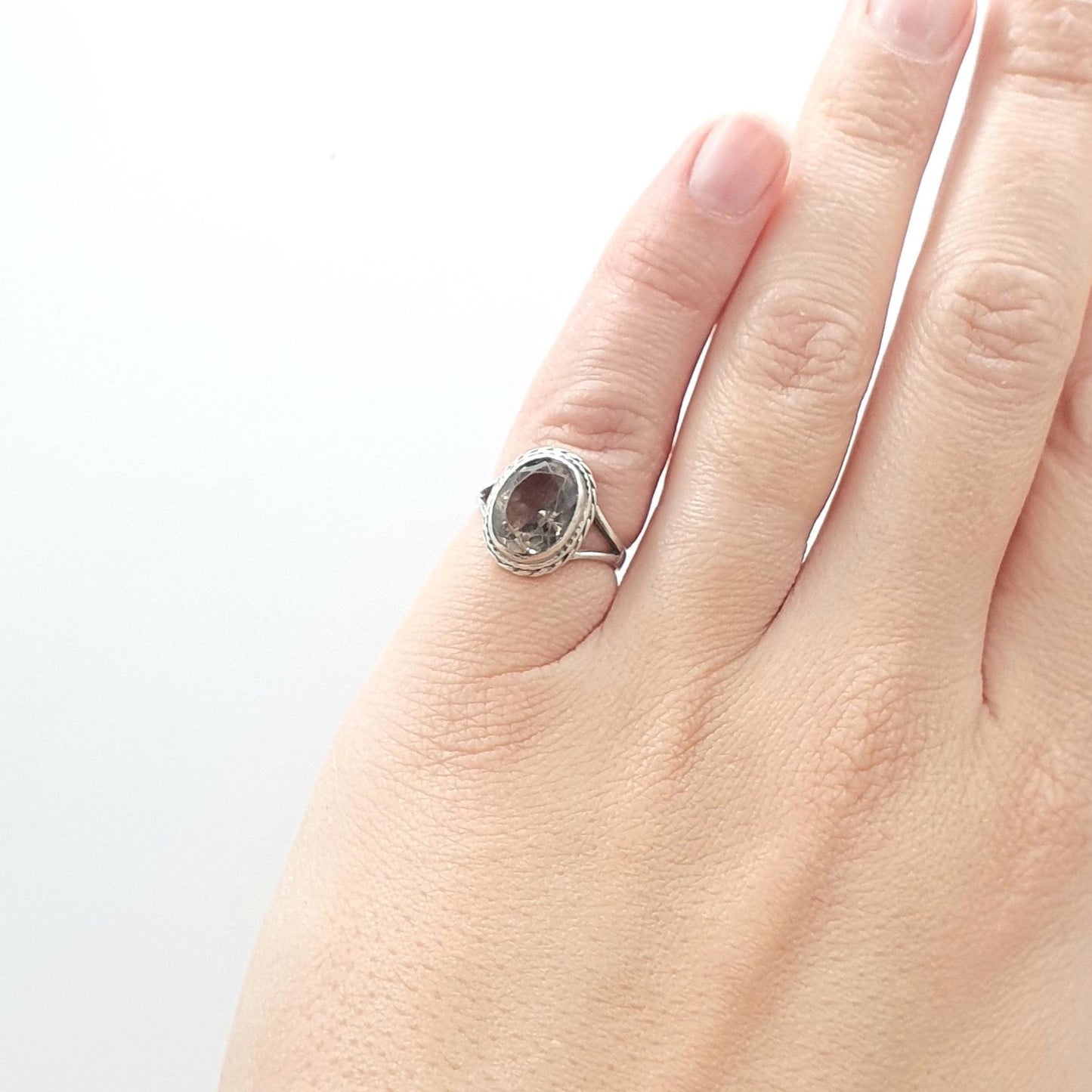 Vintage Sterling Silver Smoky Quartz Ring Small Size Pinky Pinkie Oval Cut Gemstone Womens Jewelry Jewellery