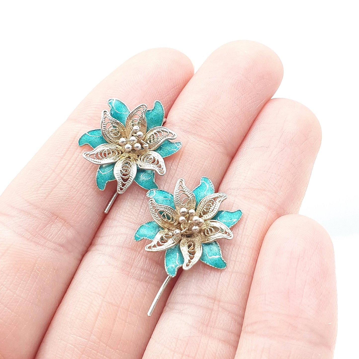 Vintage Sterling Silver Enamel Filigree Flower Hook Earrings Womens Vintage Green Blue Jewelry Jewellery