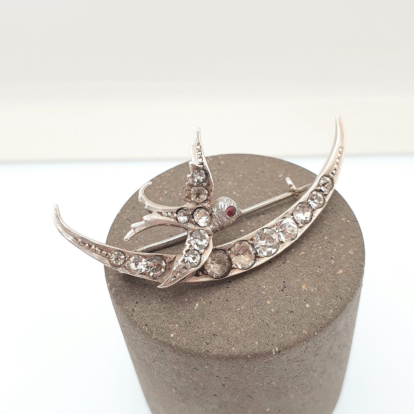 Antique Sterling Silver Bird Brooch Pin Diamond Paste Victorian Crescent Moon Cute Sweet Swallow Vintage Songbird Womens Jewelry Jewellery