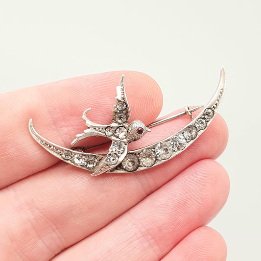 Antique Sterling Silver Bird Brooch Pin Diamond Paste Victorian Crescent Moon Cute Sweet Swallow Vintage Songbird Womens Jewelry Jewellery