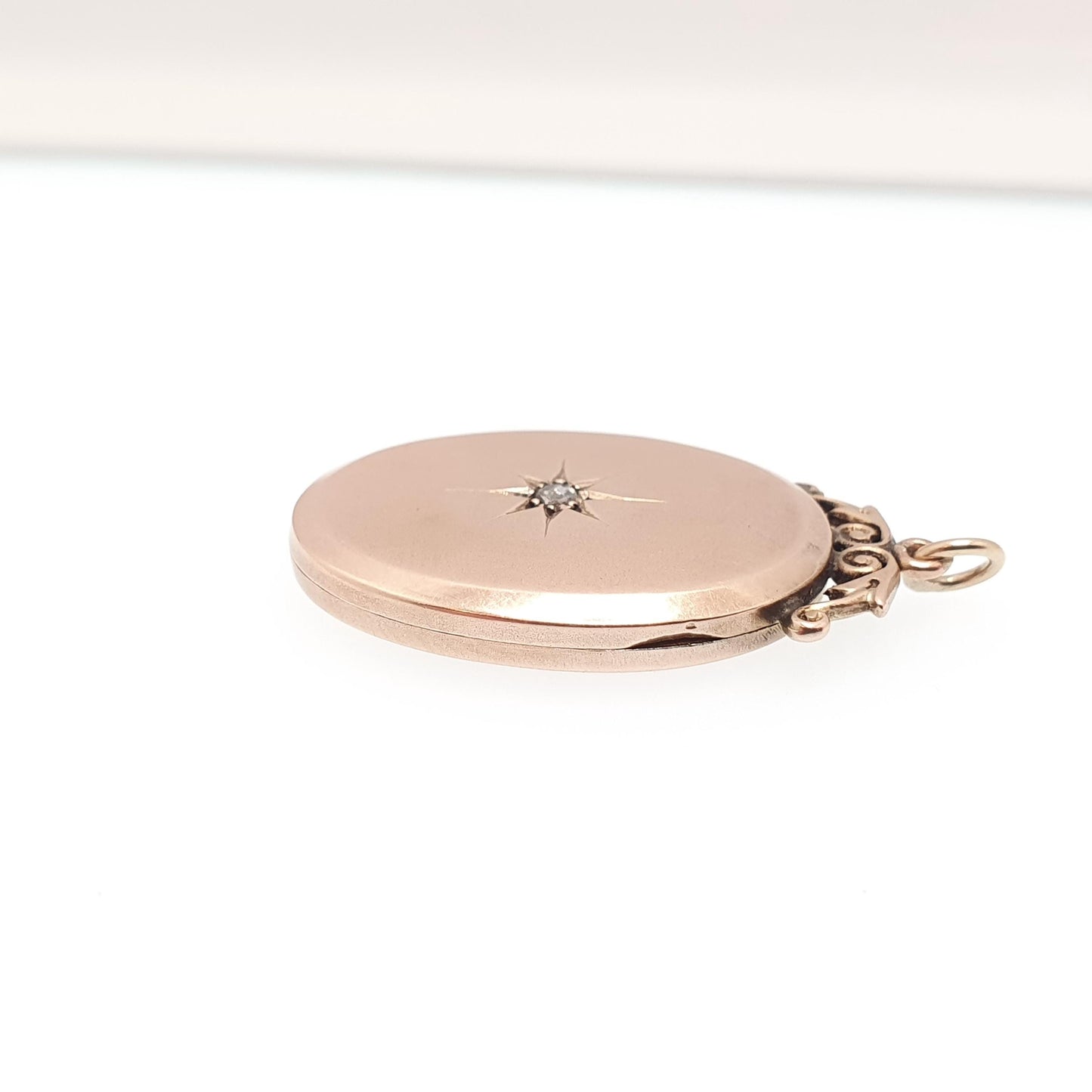 Antique 9ct 9k Rose Gold Diamond Locket Pendant Star Oval Solid 375 Fine Estate Back & Front Necklace Jewelry Womens Jewellery