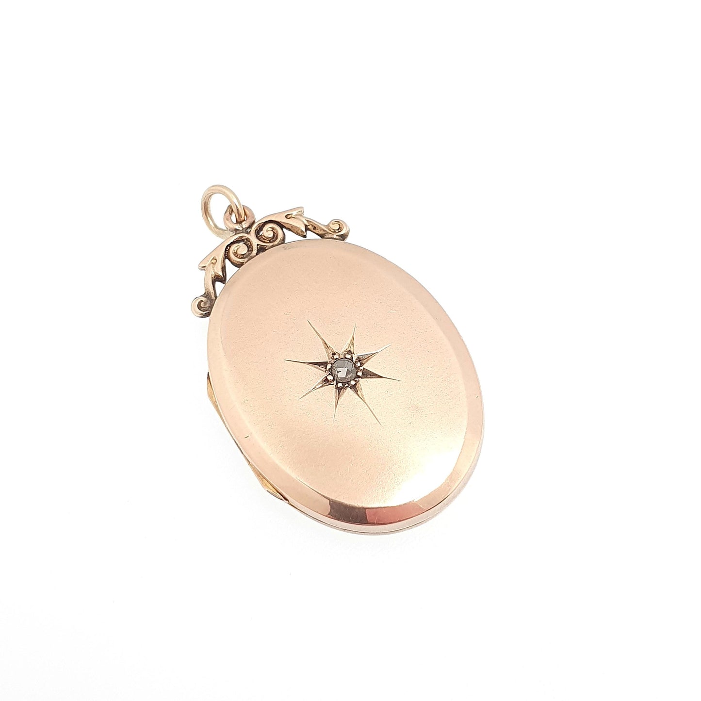 Antique 9ct 9k Rose Gold Diamond Locket Pendant Star Oval Solid 375 Fine Estate Back & Front Necklace Jewelry Womens Jewellery