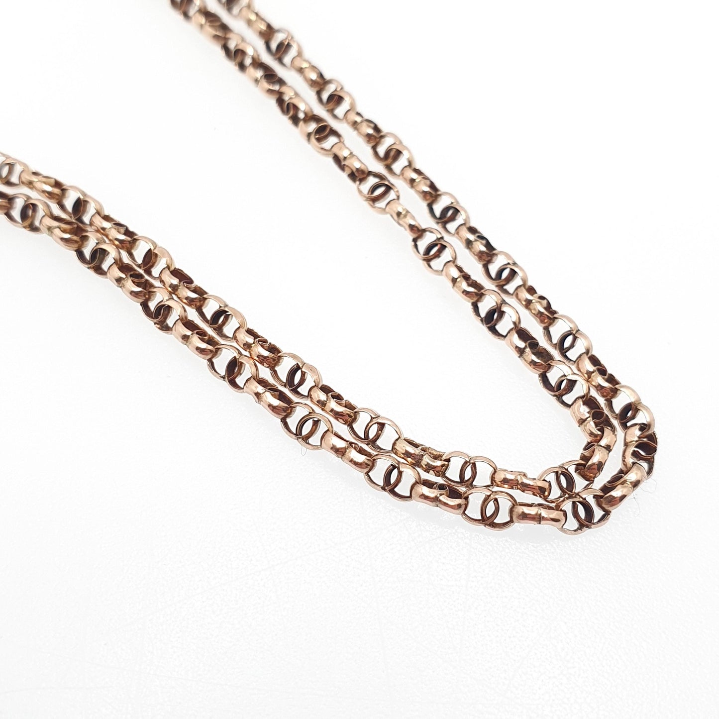 Antique Victorian 9ct Gold Muff Chain Necklace Figure 8 Link Infinity Solid 9k 375 Rose Gold Guard 100cm 8.77g Long Vintage