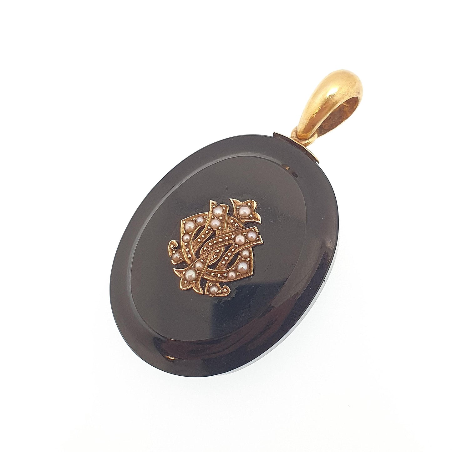 Antique 15ct Gold Onyx Locket Pendant Necklace Seed Pearl Victorian Mourning Solid 15 Carat 625 Black Gemstone Vintage Jewelry Jewellery