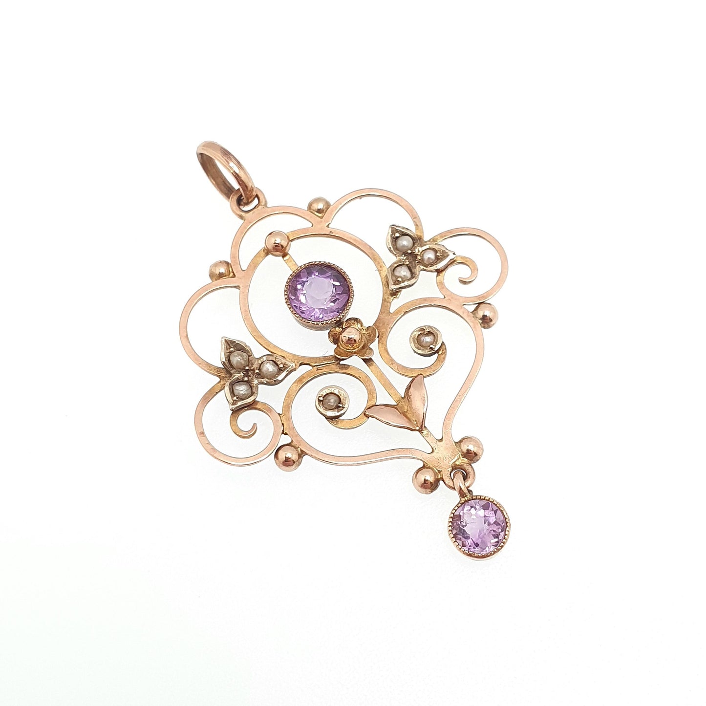 Antique 9ct 9k Gold Amethyst Pendant Seed Pearl Necklace Brooch Edwardian Solid 375 Openwork Necklace 1900s Old Vintage Jewellery Jewelry