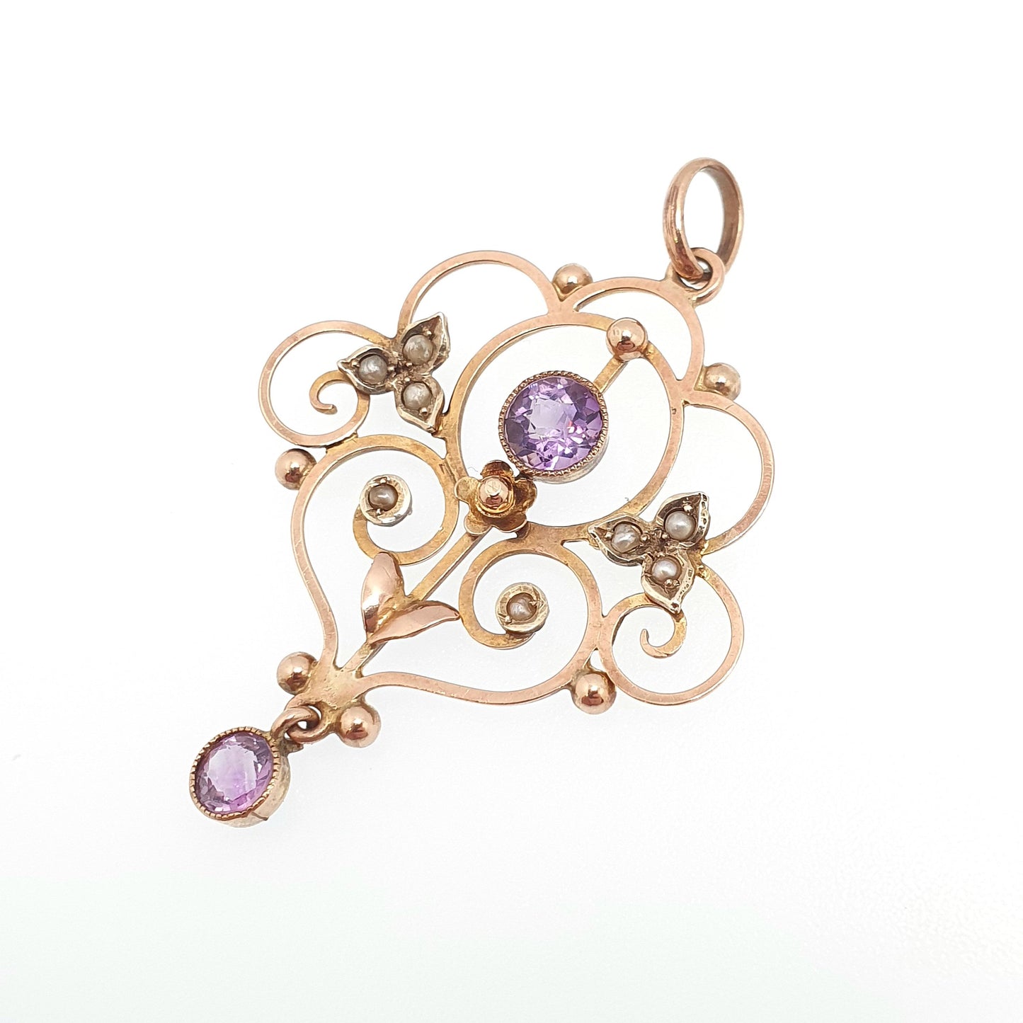 Antique 9ct 9k Gold Amethyst Pendant Seed Pearl Necklace Brooch Edwardian Solid 375 Openwork Necklace 1900s Old Vintage Jewellery Jewelry