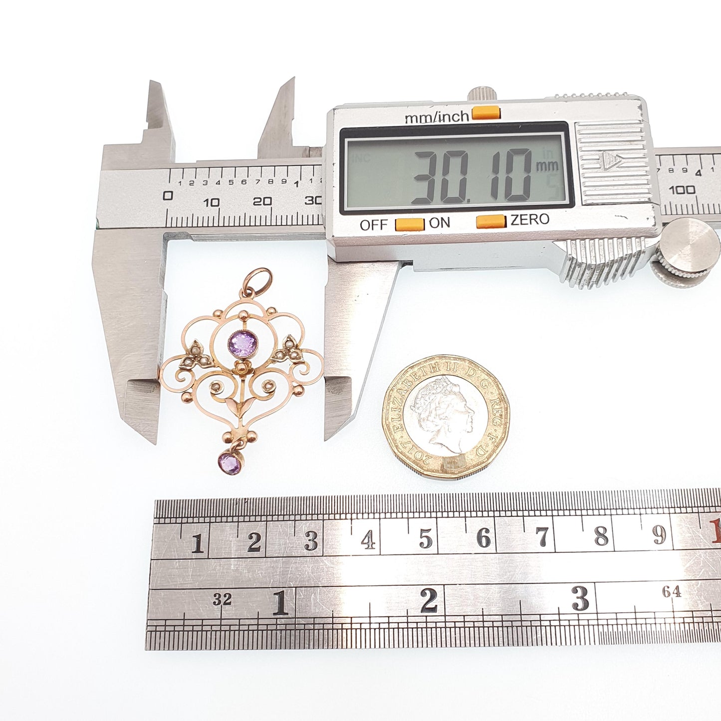 Antique 9ct 9k Gold Amethyst Pendant Seed Pearl Necklace Brooch Edwardian Solid 375 Openwork Necklace 1900s Old Vintage Jewellery Jewelry